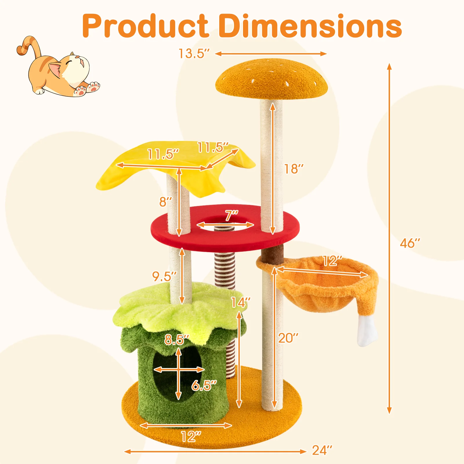 46 Inch Tall Cat Tree, Multi-Level, Padded Perch, Hanging Basket Bed, Yellow - Image 5