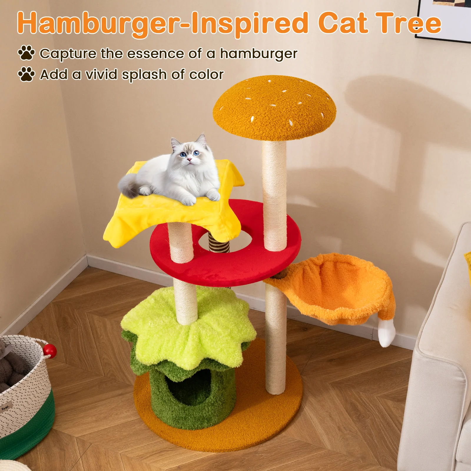 46 Inch Tall Cat Tree, Multi-Level, Padded Perch, Hanging Basket Bed, Yellow - Image 6