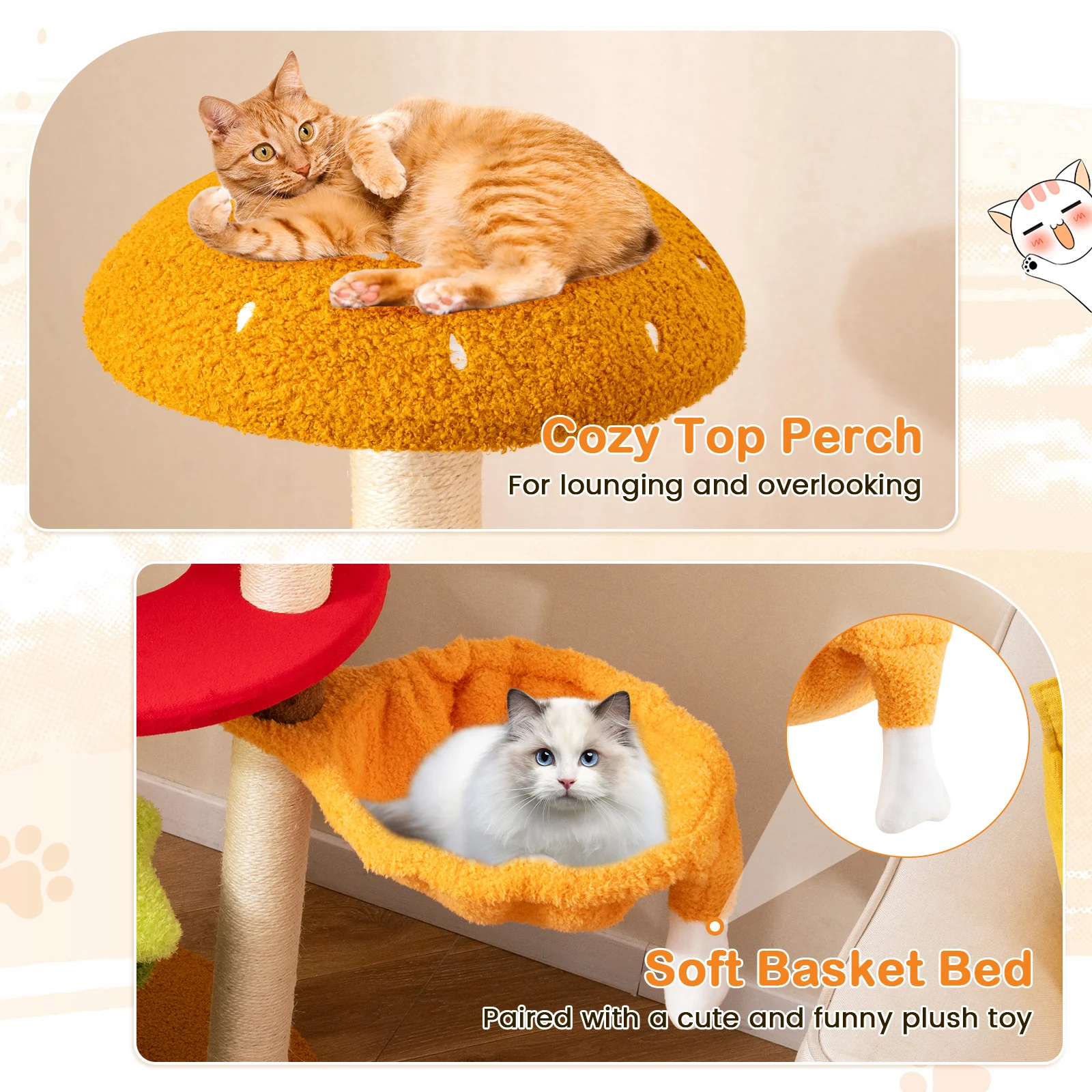 46 Inch Tall Cat Tree, Multi-Level, Padded Perch, Hanging Basket Bed, Yellow - Image 7
