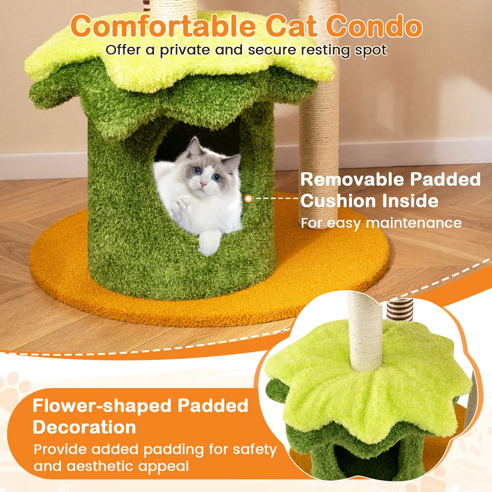46 Inch Tall Cat Tree, Multi-Level, Padded Perch, Hanging Basket Bed, Yellow - Image 8