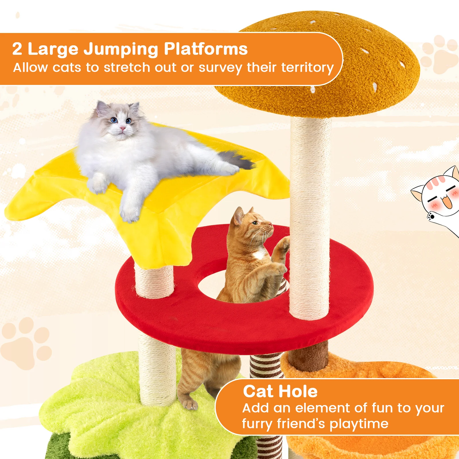 46 Inch Tall Cat Tree, Multi-Level, Padded Perch, Hanging Basket Bed, Yellow - Image 9