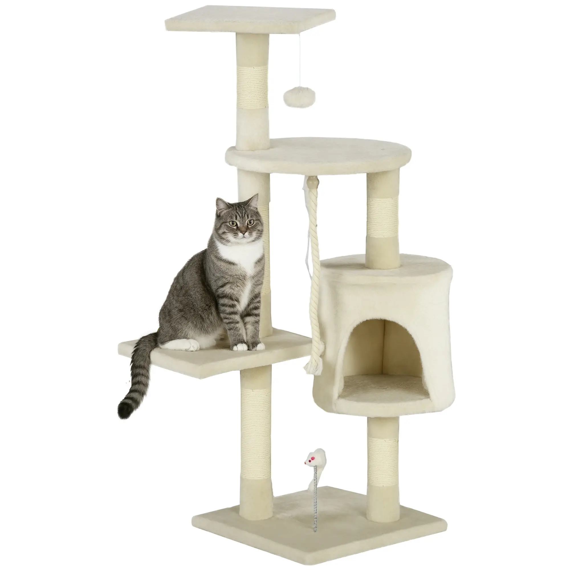 46" Scratching Cat Tree, Multi Level Activity Center, Kitty Condo, Beige