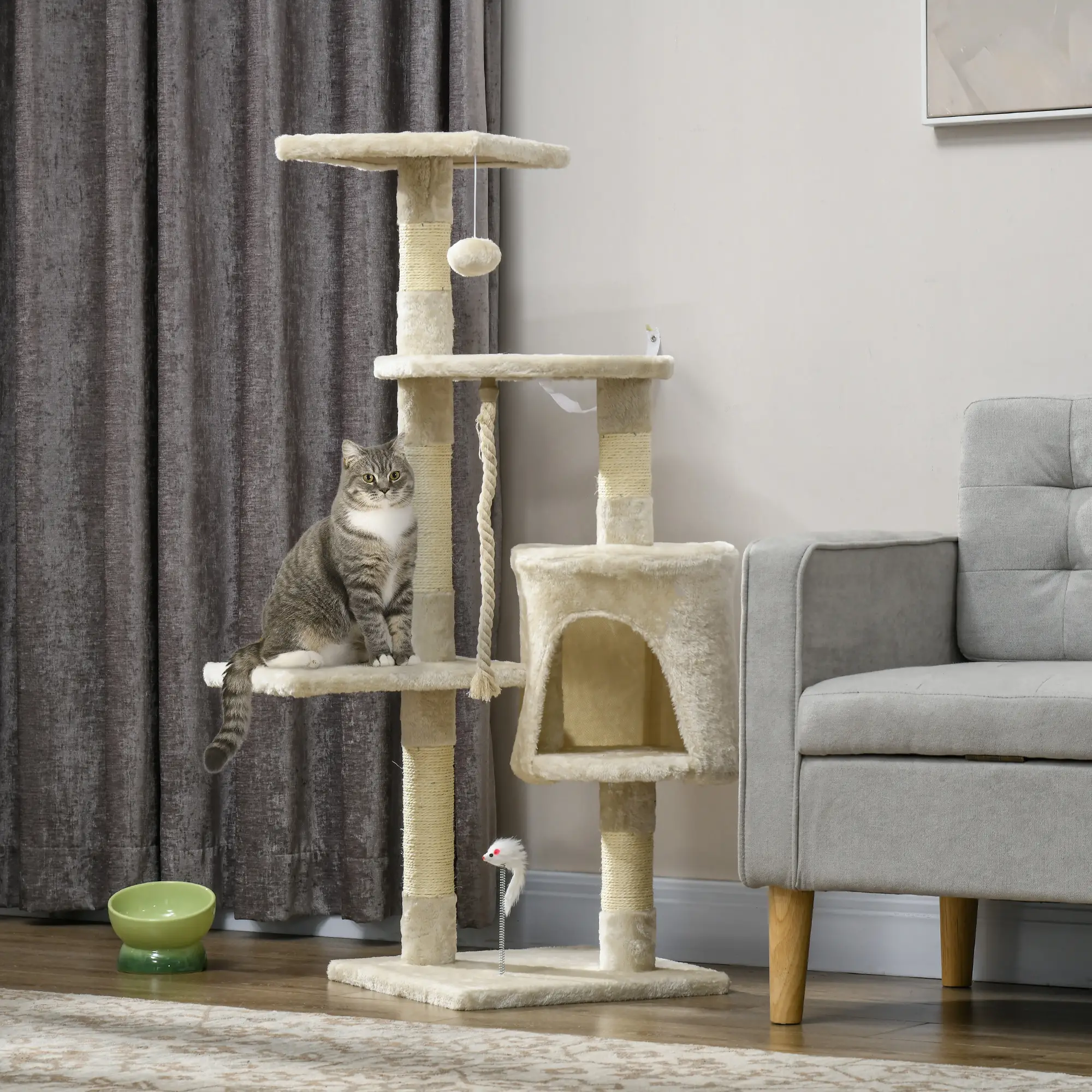 46" Scratching Cat Tree, Multi Level Activity Center, Kitty Condo, Beige - Image 2