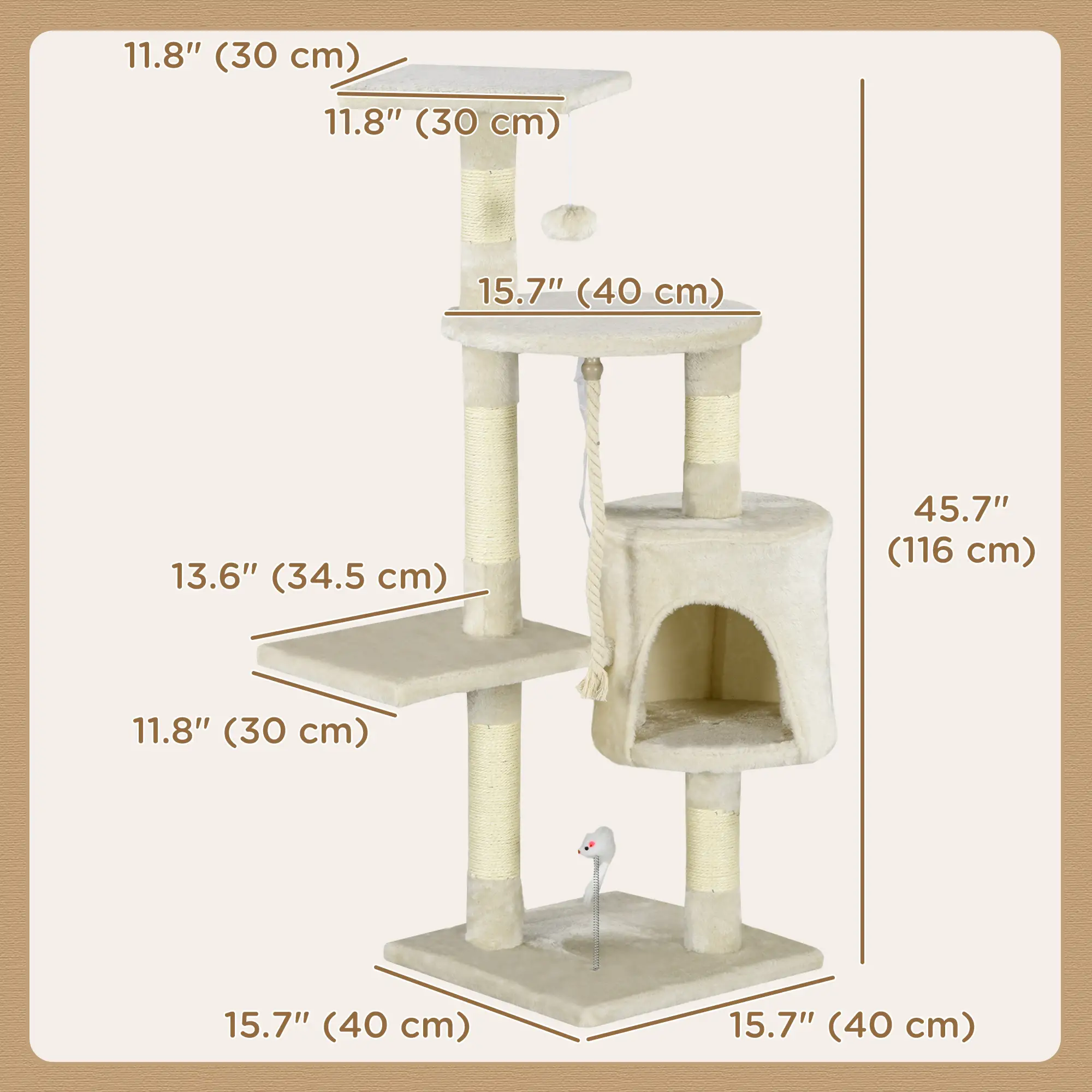 46" Scratching Cat Tree, Multi Level Activity Center, Kitty Condo, Beige - Image 3