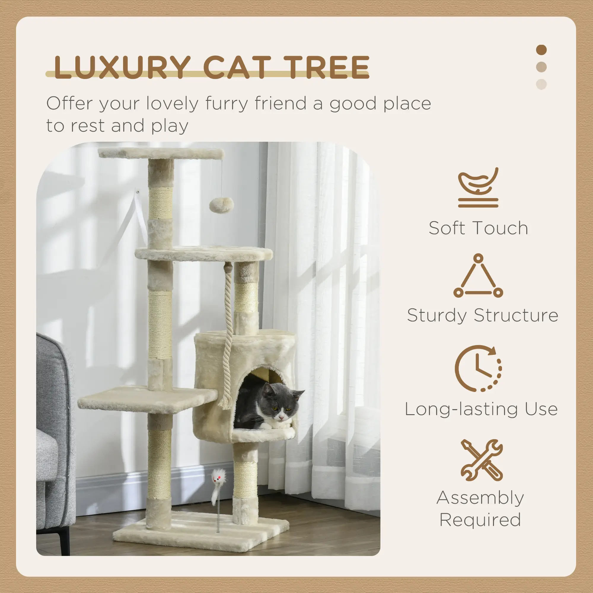 46" Scratching Cat Tree, Multi Level Activity Center, Kitty Condo, Beige - Image 4