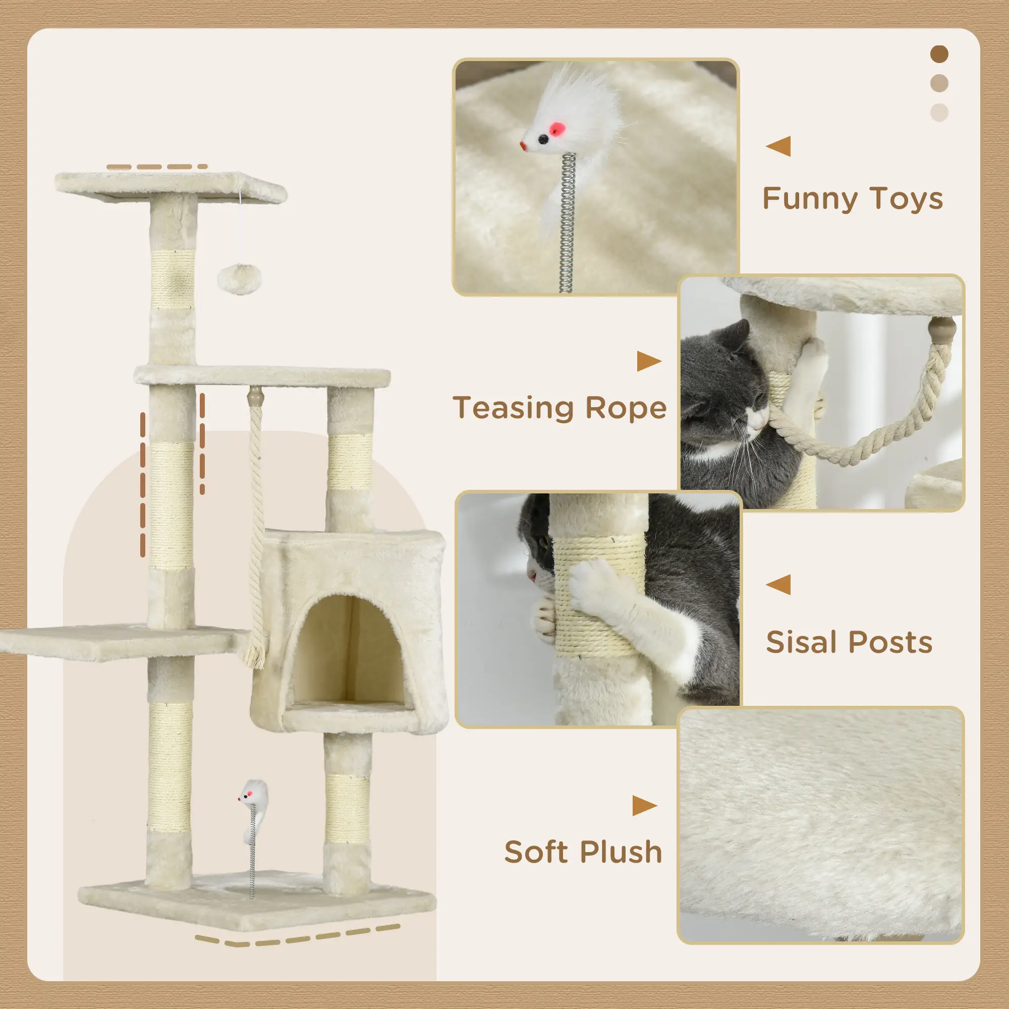 46" Scratching Cat Tree, Multi Level Activity Center, Kitty Condo, Beige - Image 5