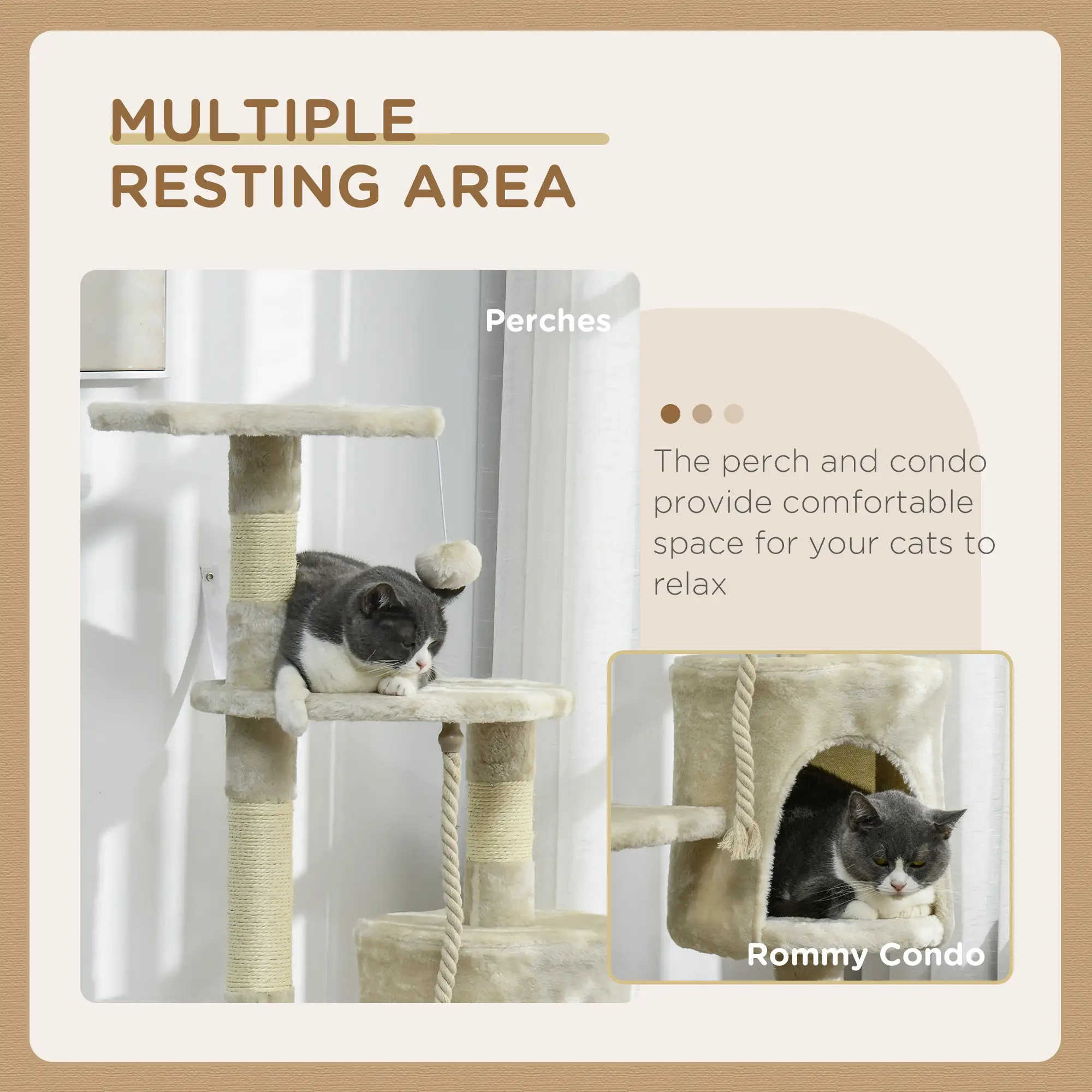 46" Scratching Cat Tree, Multi Level Activity Center, Kitty Condo, Beige - Image 6