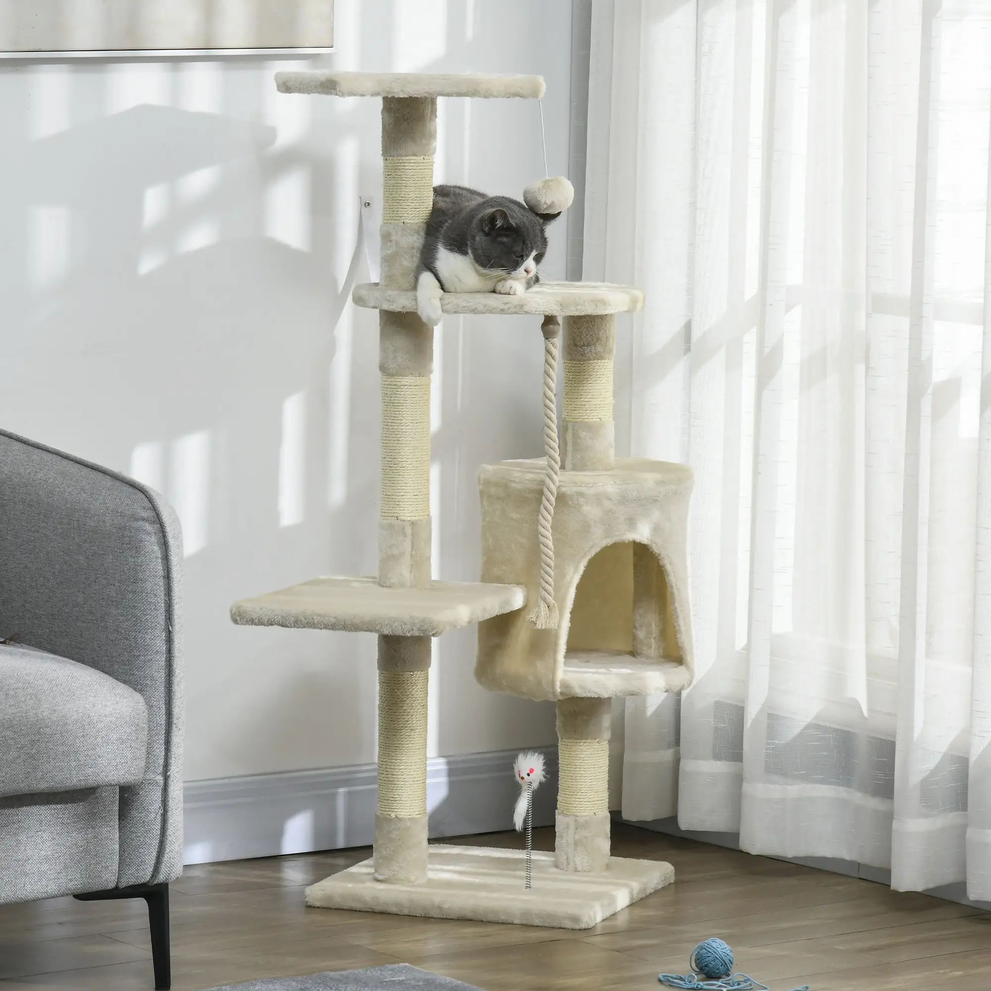 46" Scratching Cat Tree, Multi Level Activity Center, Kitty Condo, Beige - Image 8