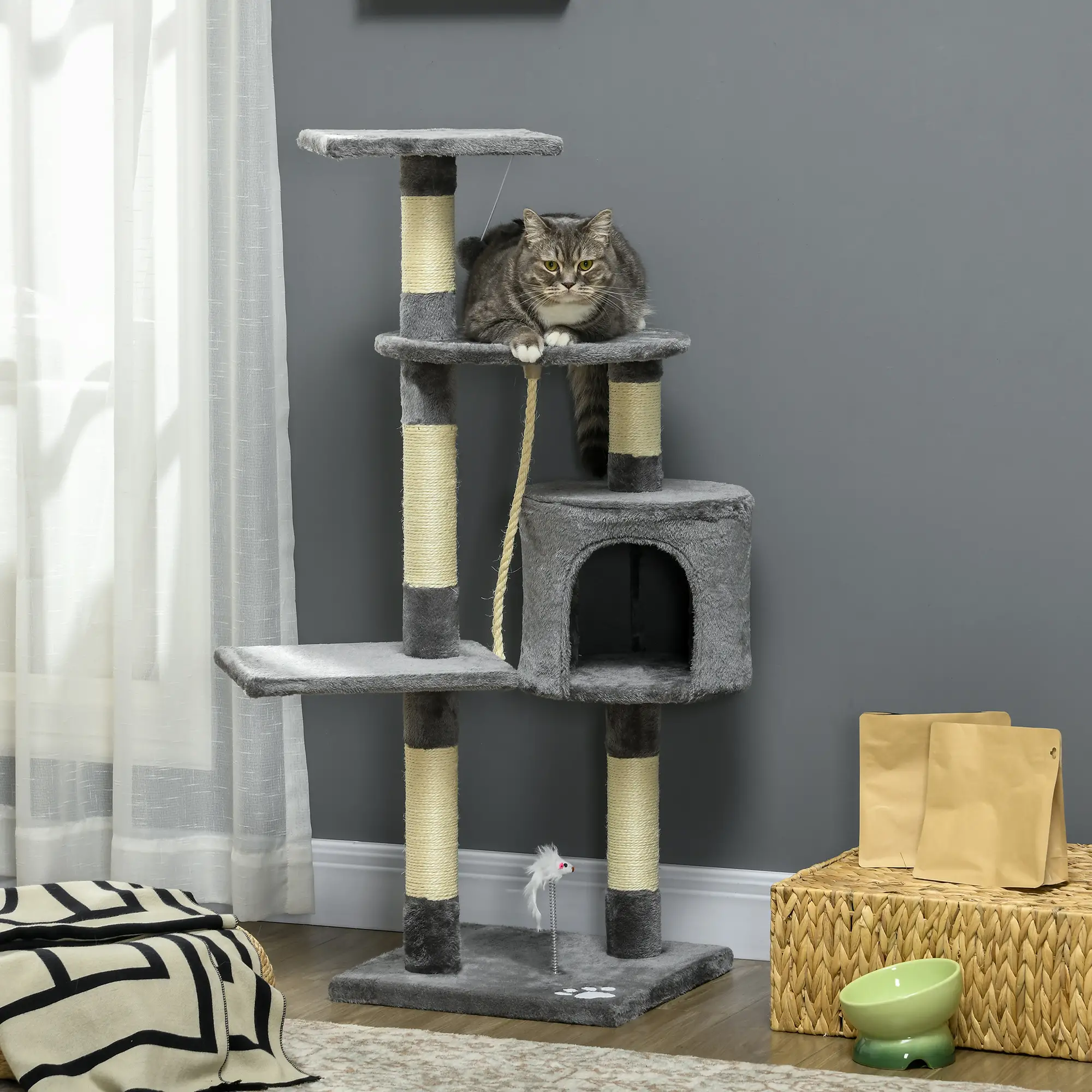 46Inch Cat Tree, Multi Level Tower for Large Cats, Grey - Image 2