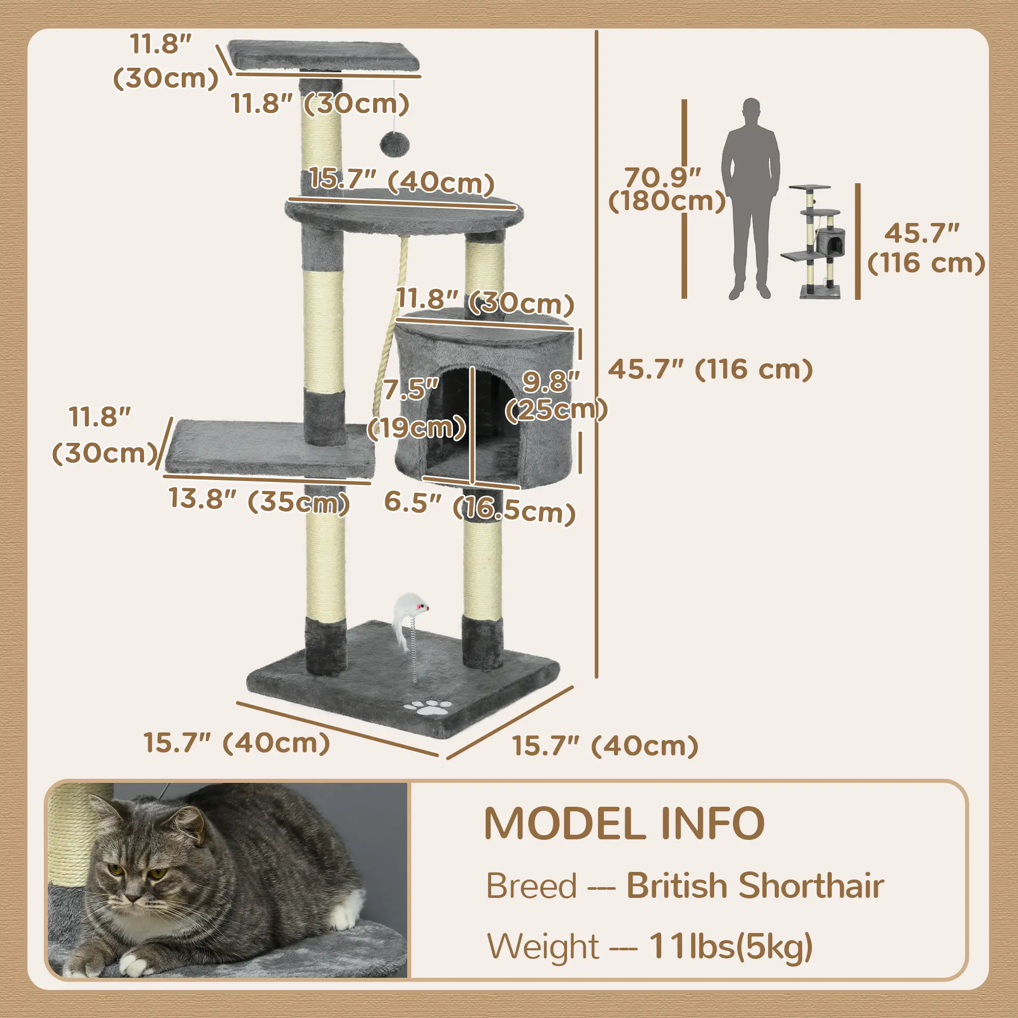 46Inch Cat Tree, Multi Level Tower for Large Cats, Grey - Image 3