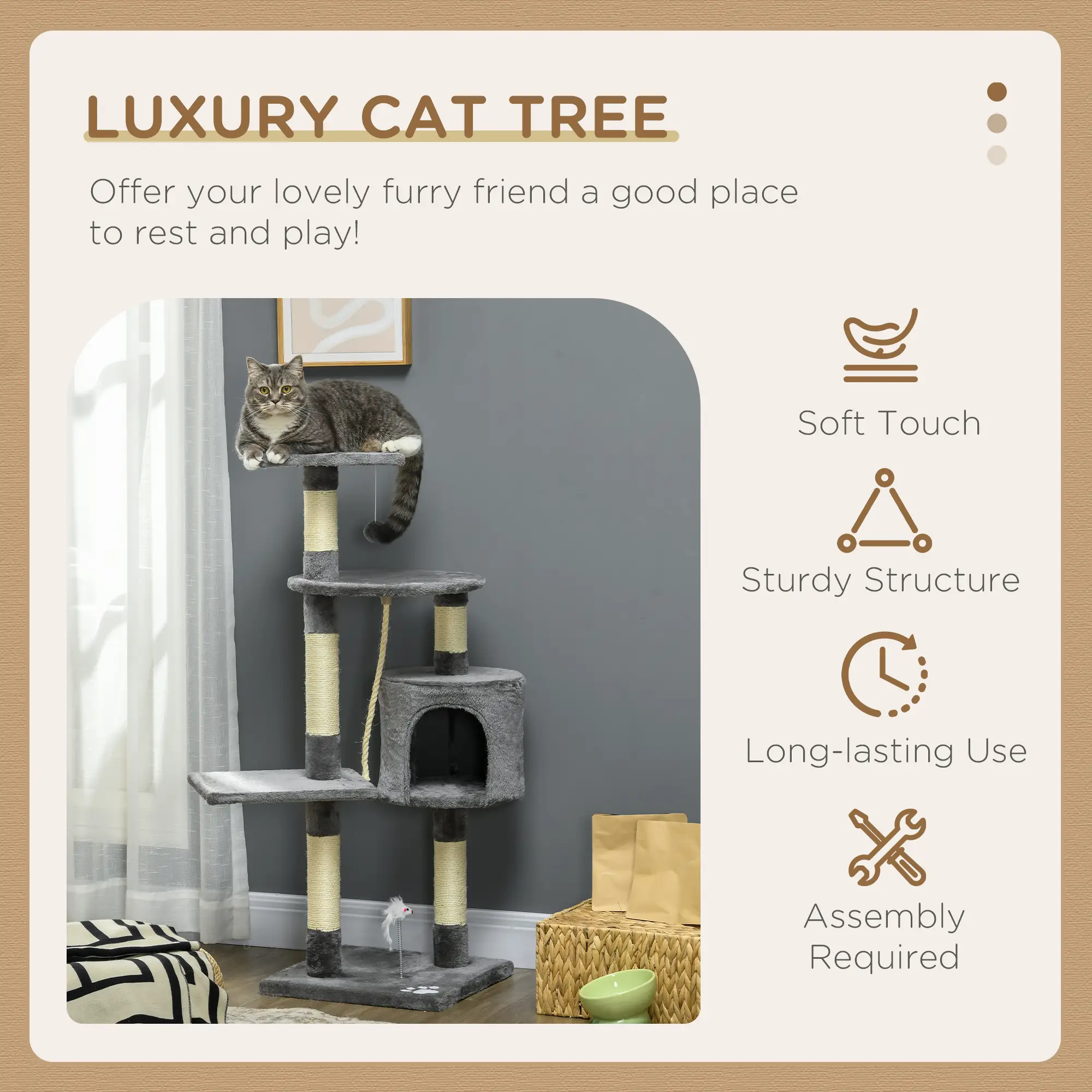 46Inch Cat Tree, Multi Level Tower for Large Cats, Grey - Image 4