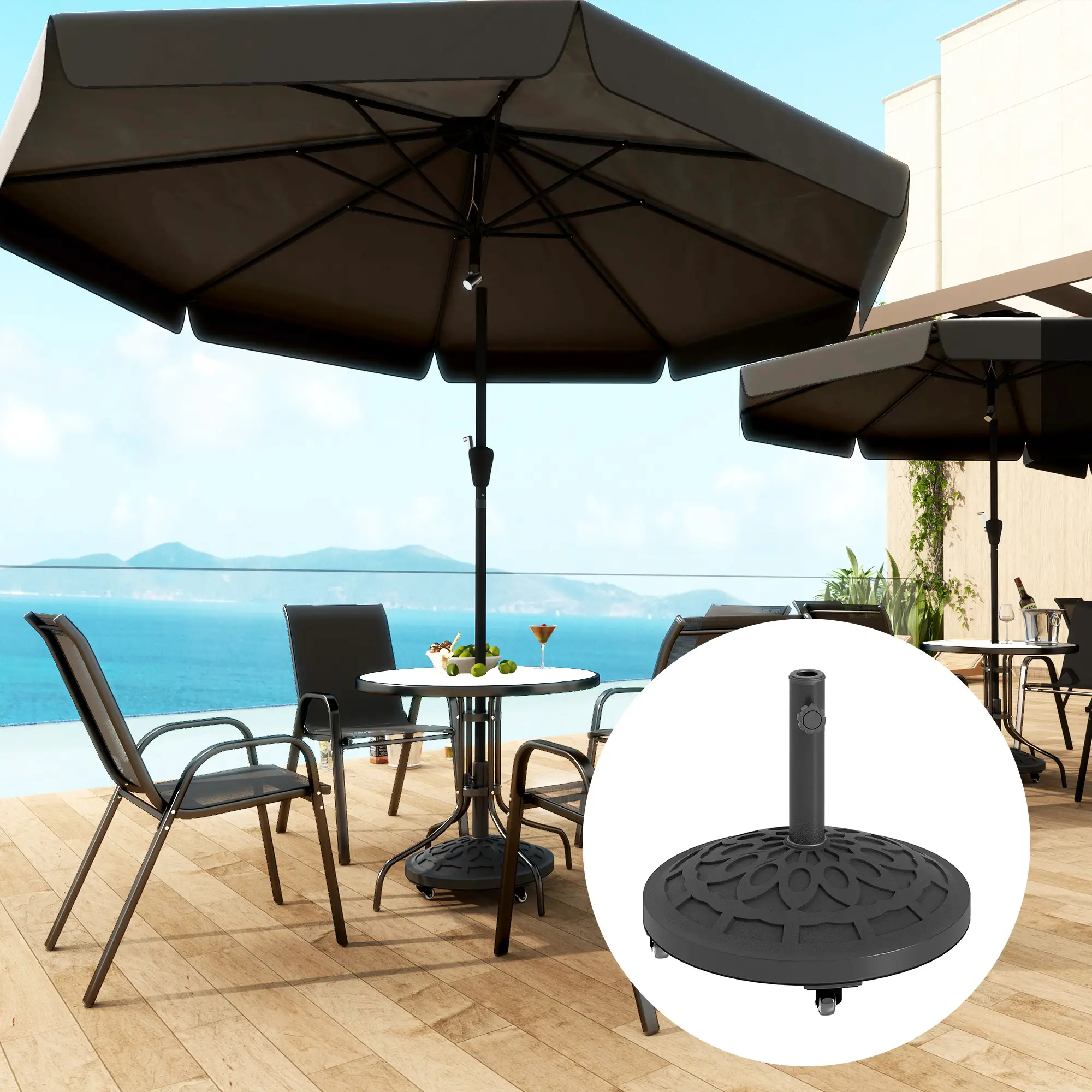 46lbs Resin Round Patio Umbrella Base With Wheels, Black - Image 2