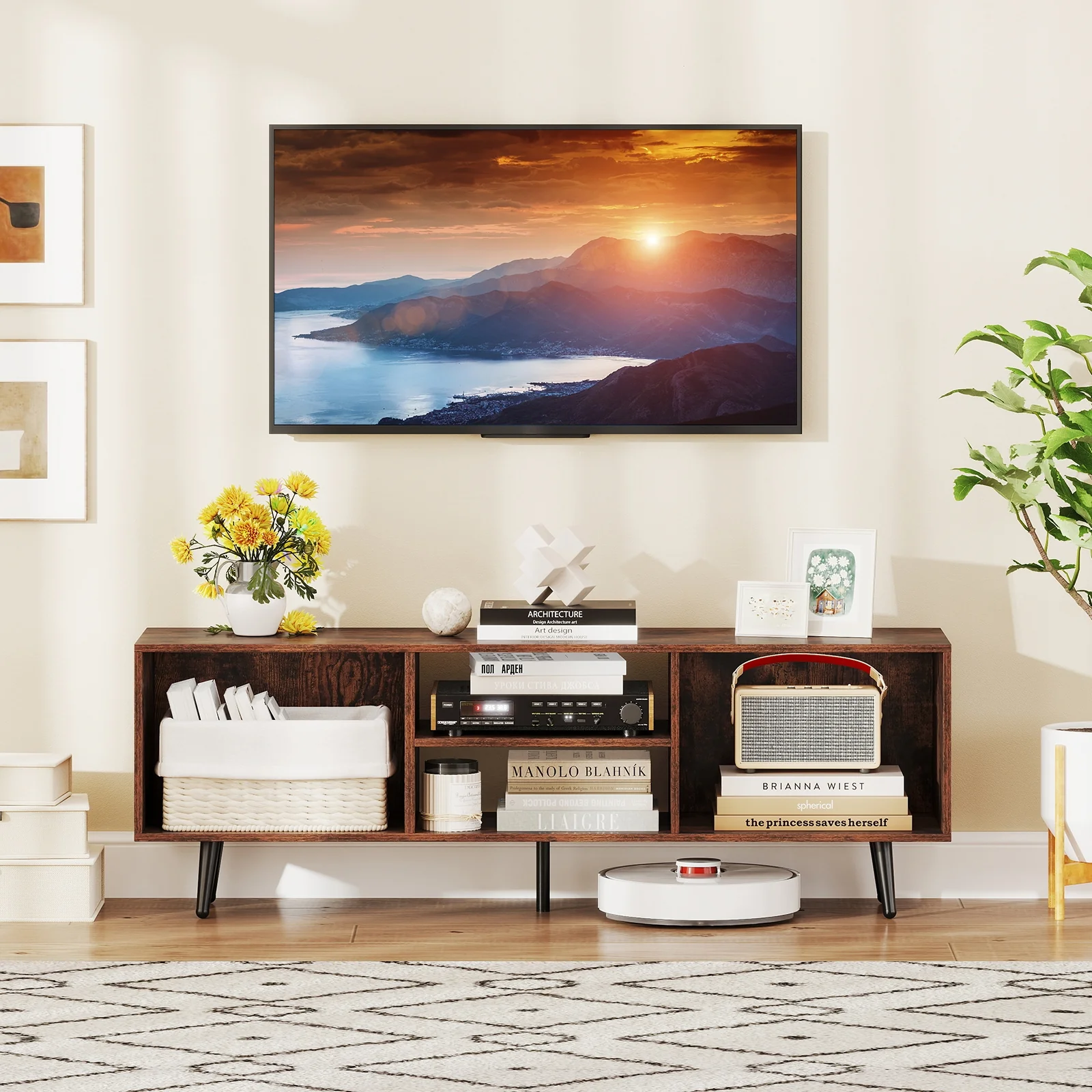 47.5 Inch TV Stand For 55-Inch TV, Metal Legs, Rustic Brown - Image 2