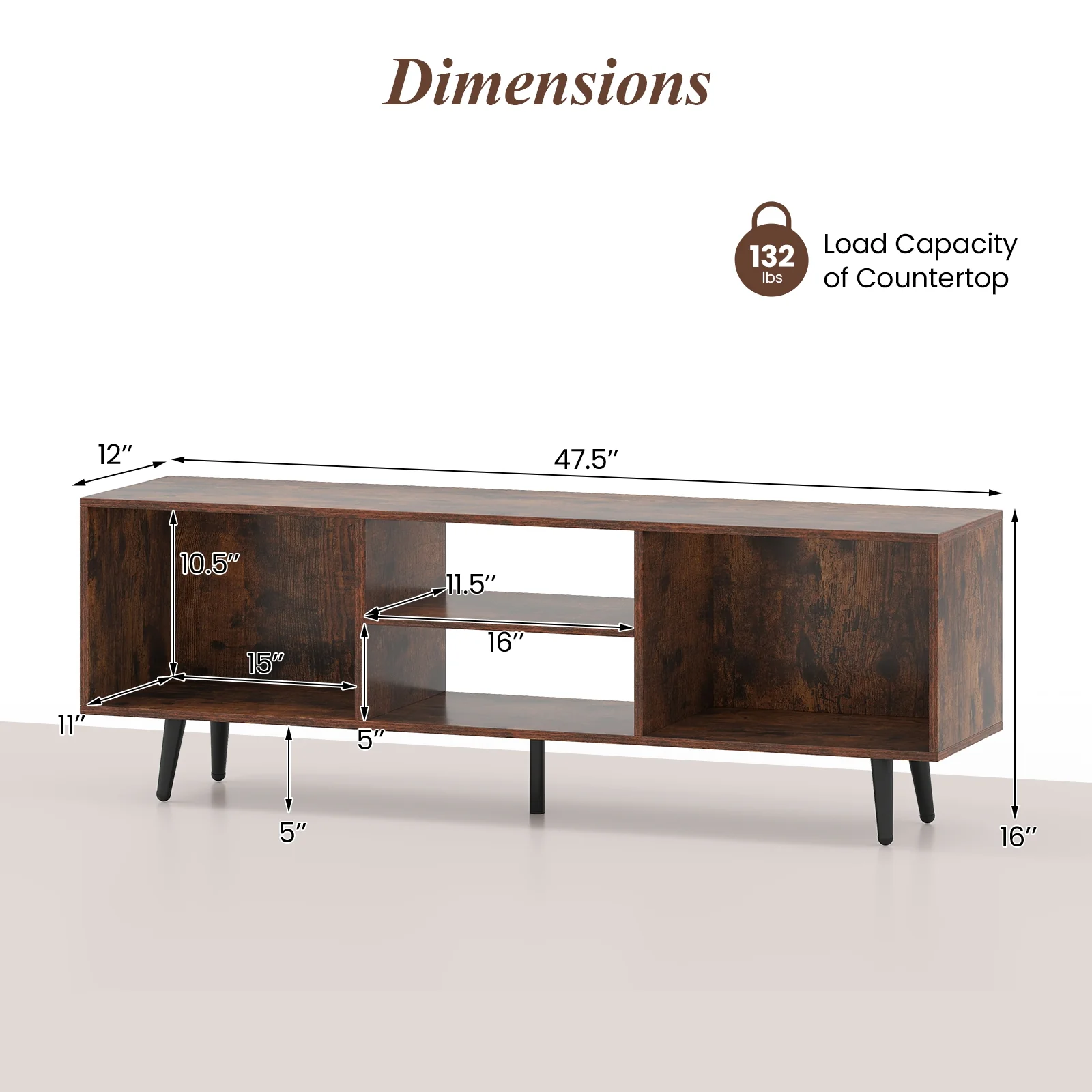 47.5 Inch TV Stand For 55-Inch TV, Metal Legs, Rustic Brown - Image 6