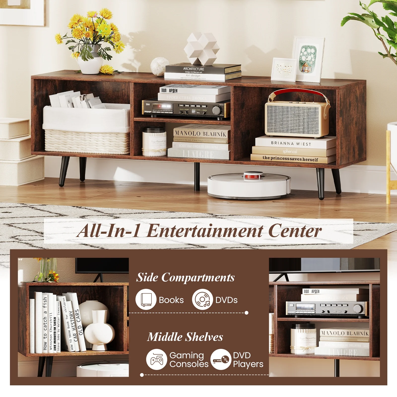 47.5 Inch TV Stand For 55-Inch TV, Metal Legs, Rustic Brown - Image 9