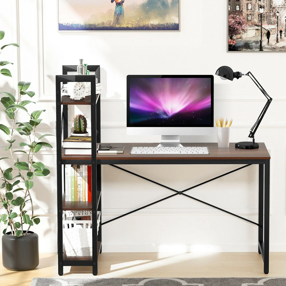 47.5 Inch Writing Study Computer Desk, 4-Tier Shelves, Tan - Image 10