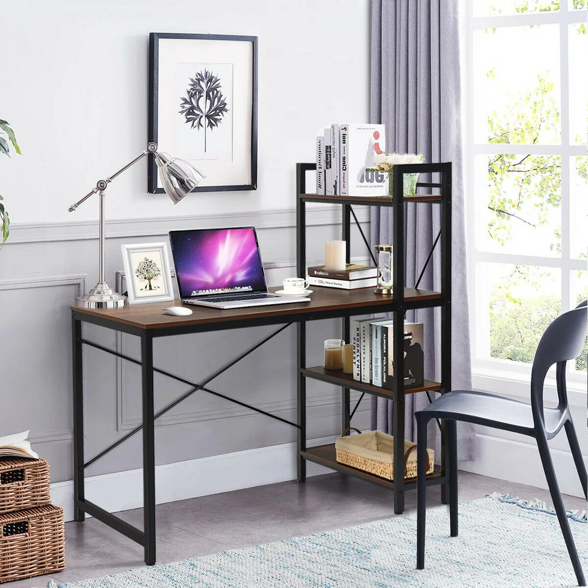 47.5 Inch Writing Study Computer Desk, 4-Tier Shelves, Tan - Image 2