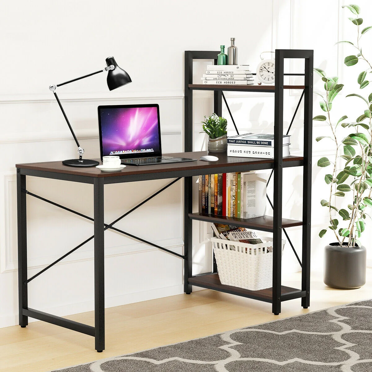 47.5 Inch Writing Study Computer Desk, 4-Tier Shelves, Tan - Image 3