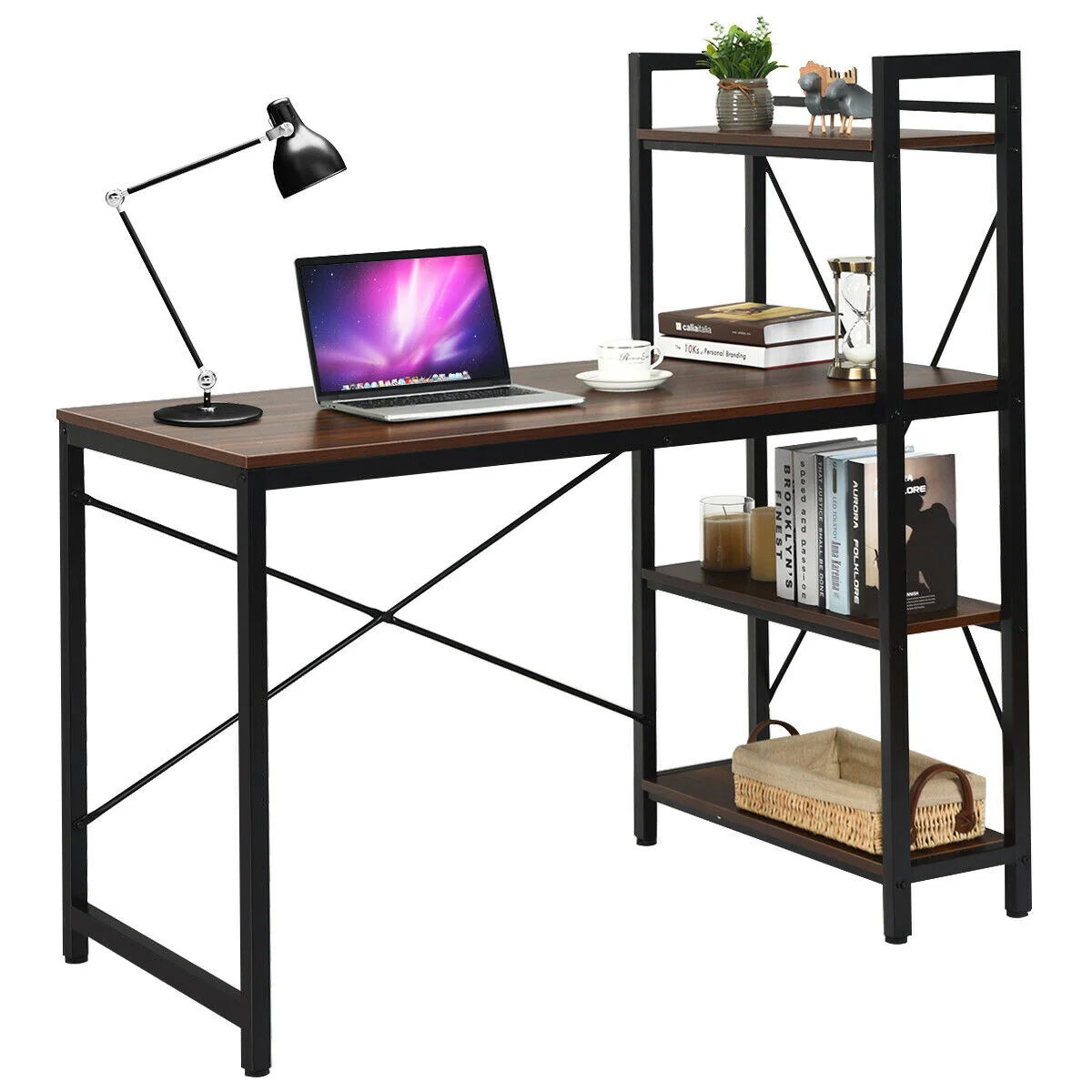 47.5 Inch Writing Study Computer Desk, 4-Tier Shelves, Tan - Image 5