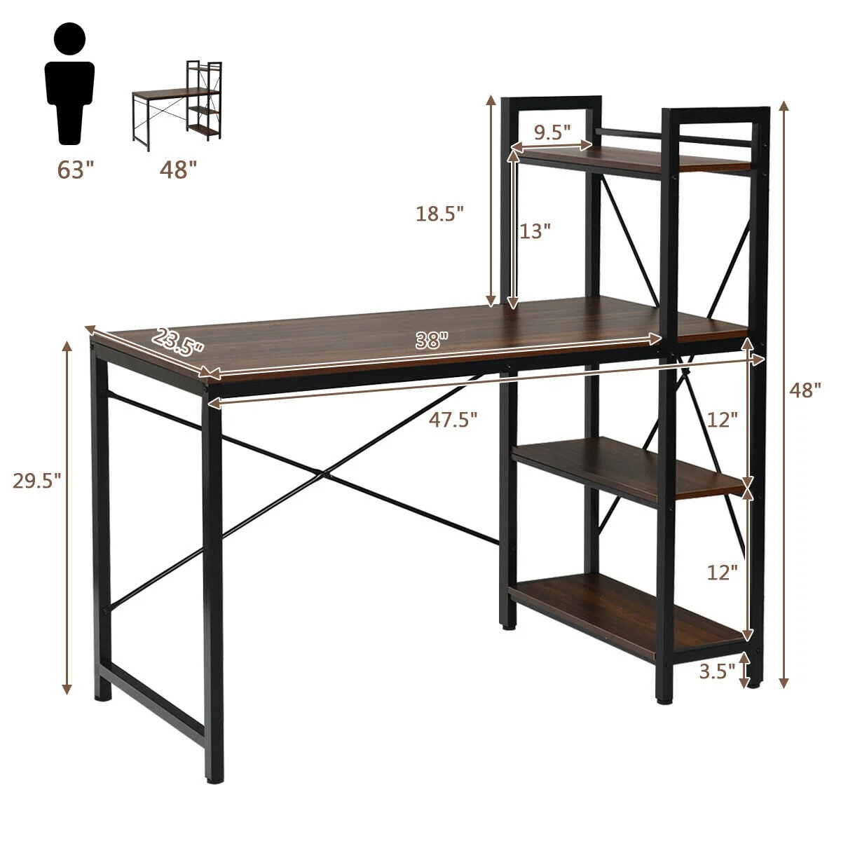 47.5 Inch Writing Study Computer Desk, 4-Tier Shelves, Tan - Image 6