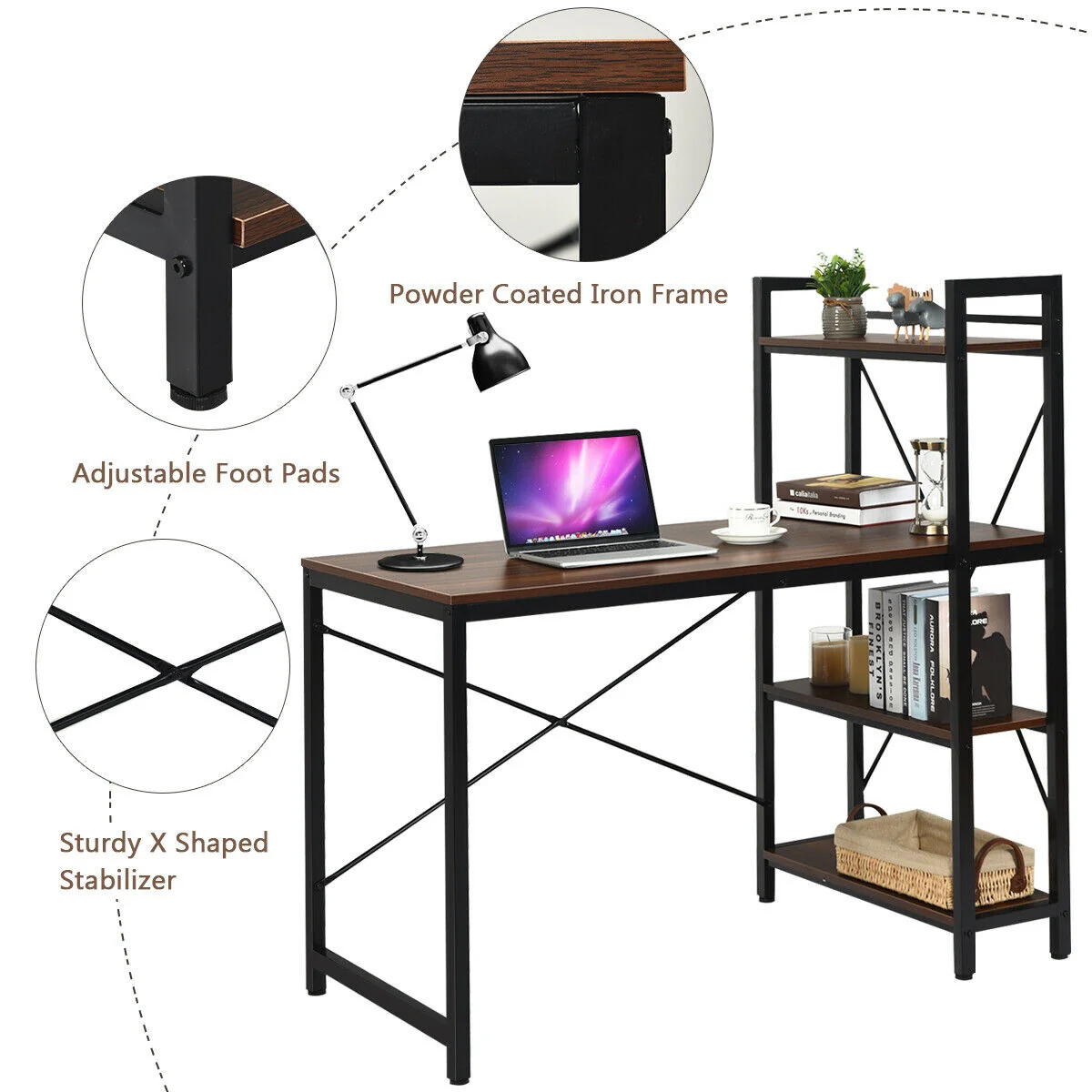 47.5 Inch Writing Study Computer Desk, 4-Tier Shelves, Tan - Image 9