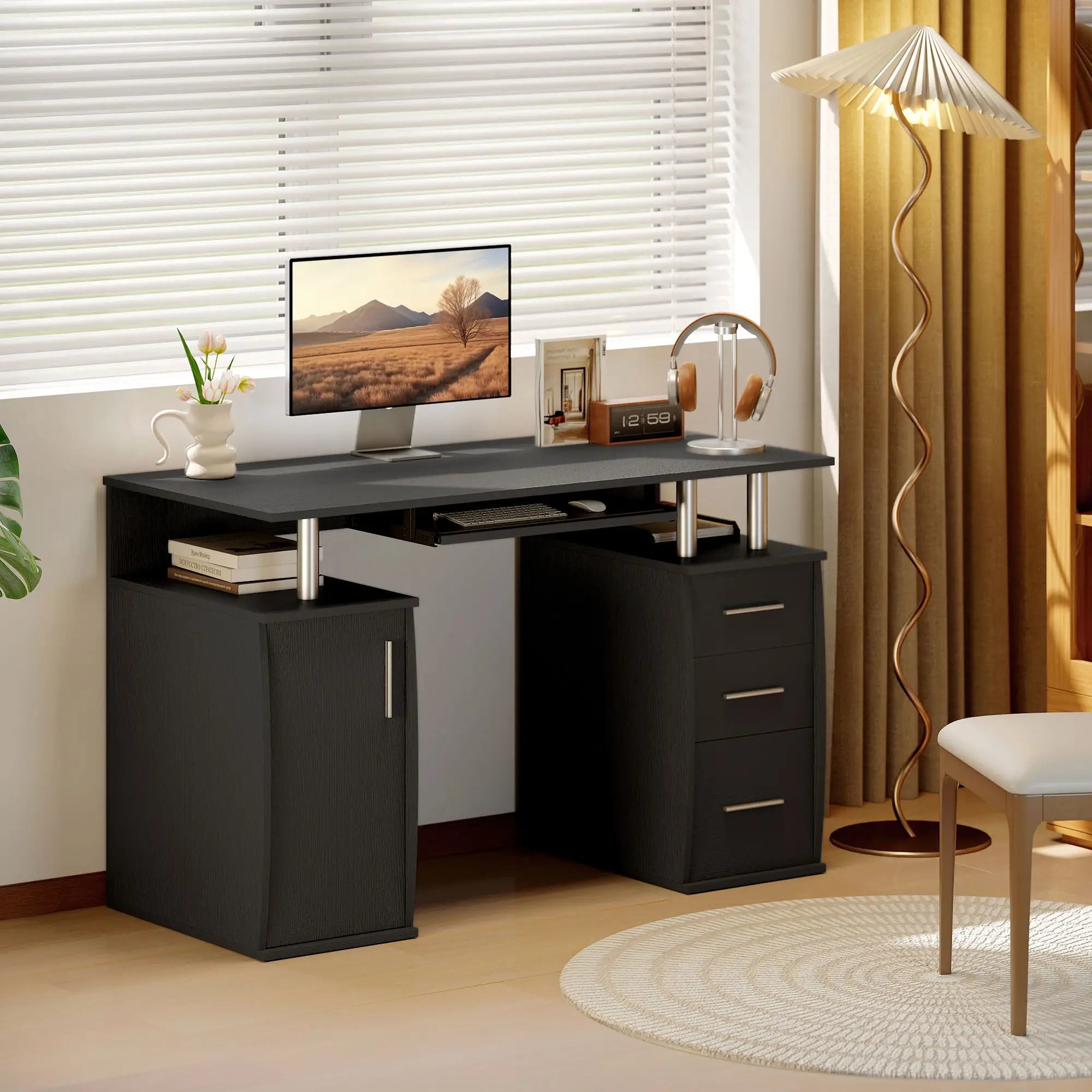 47" Computer Desk with Keyboard Tray, Storage Drawers, Black - Image 2