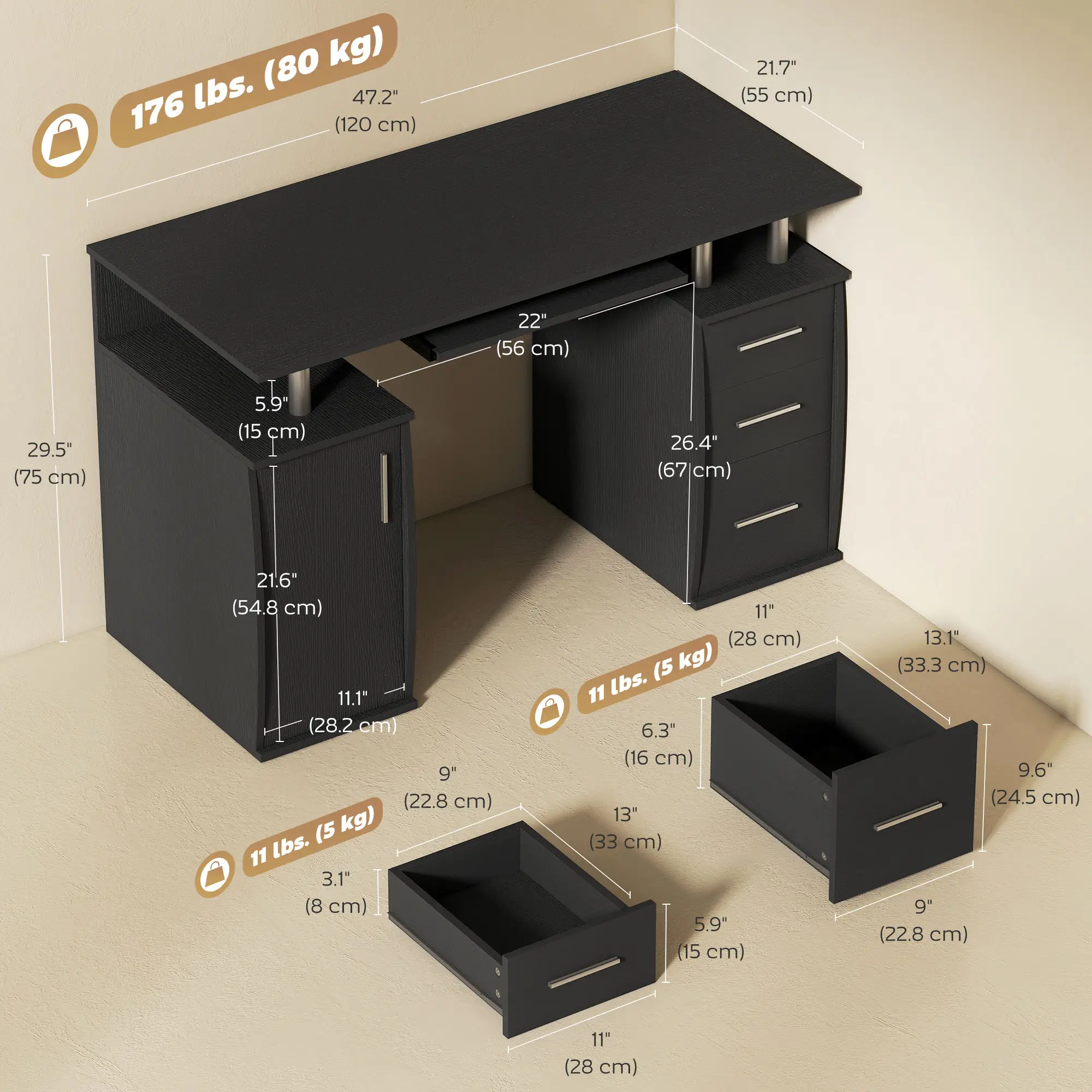 47" Computer Desk with Keyboard Tray, Storage Drawers, Black - Image 3