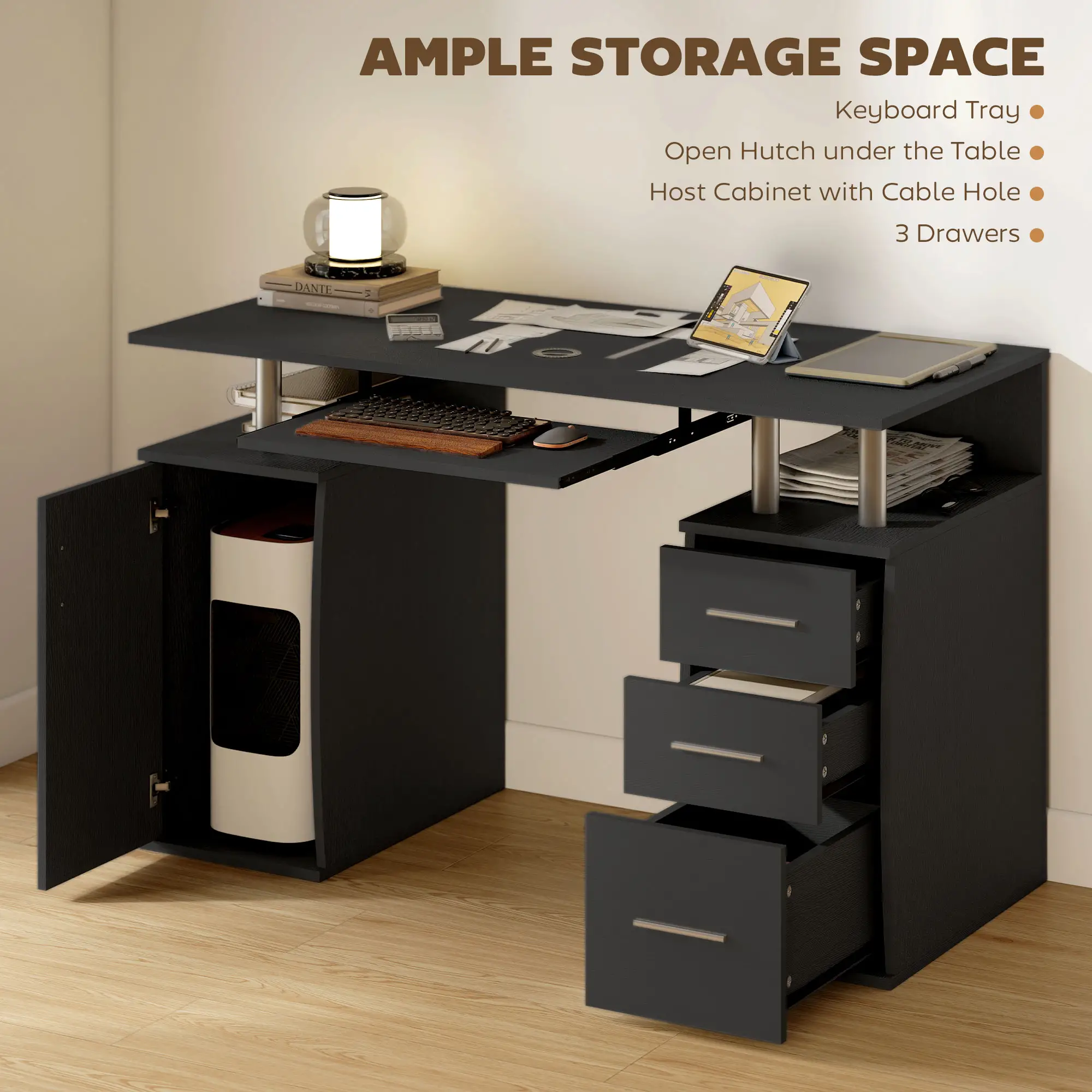 47" Computer Desk with Keyboard Tray, Storage Drawers, Black - Image 4