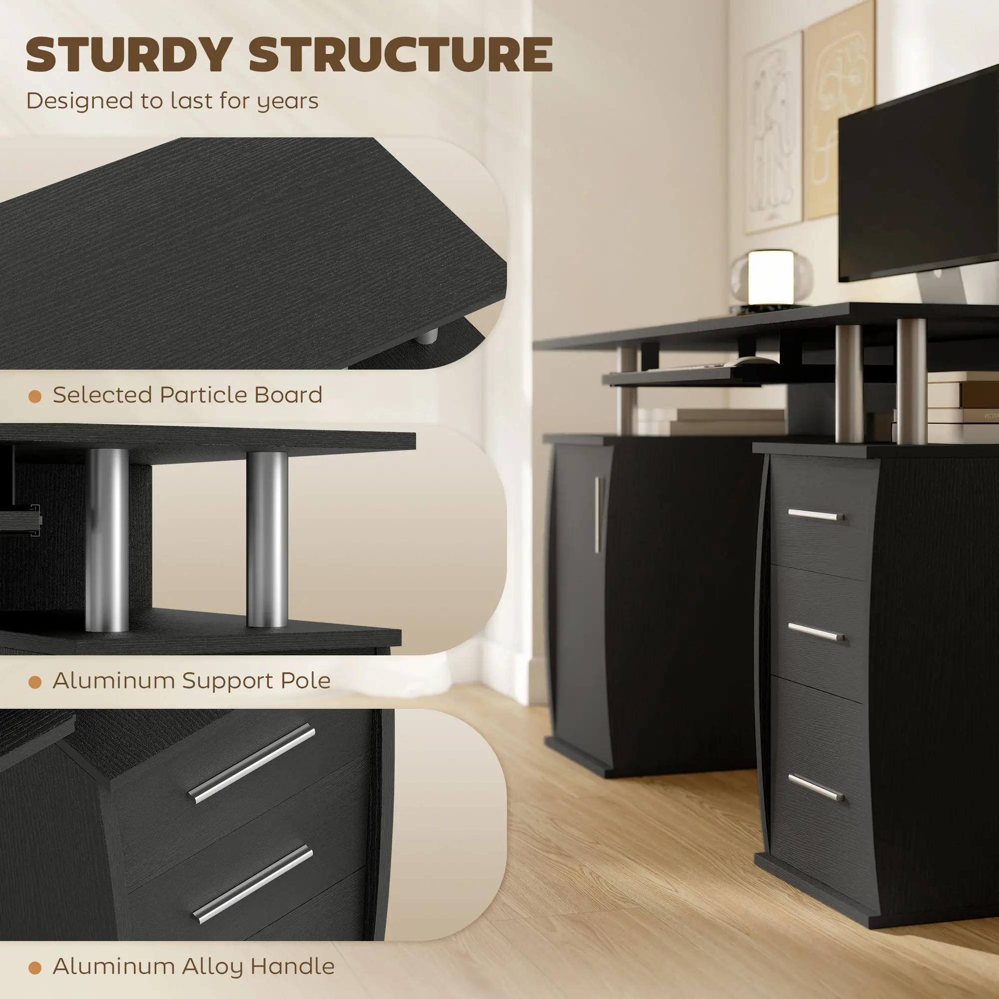 47" Computer Desk with Keyboard Tray, Storage Drawers, Black - Image 5