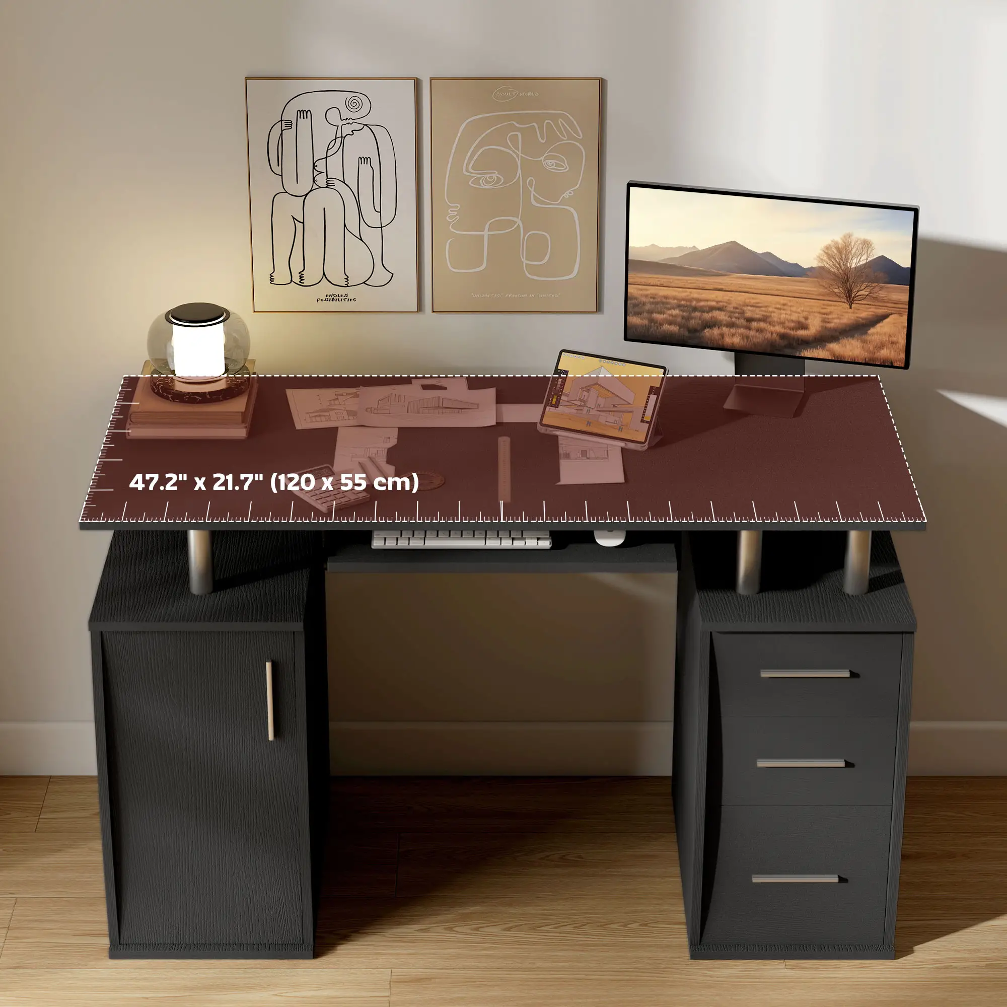 47" Computer Desk with Keyboard Tray, Storage Drawers, Black - Image 6