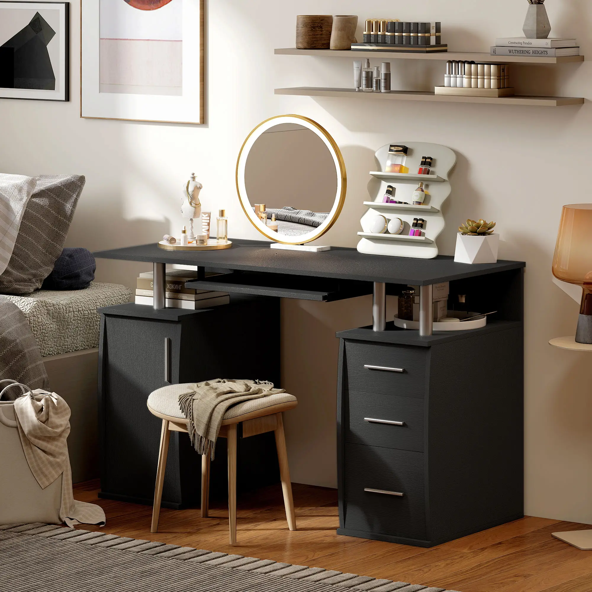 47" Computer Desk with Keyboard Tray, Storage Drawers, Black - Image 7