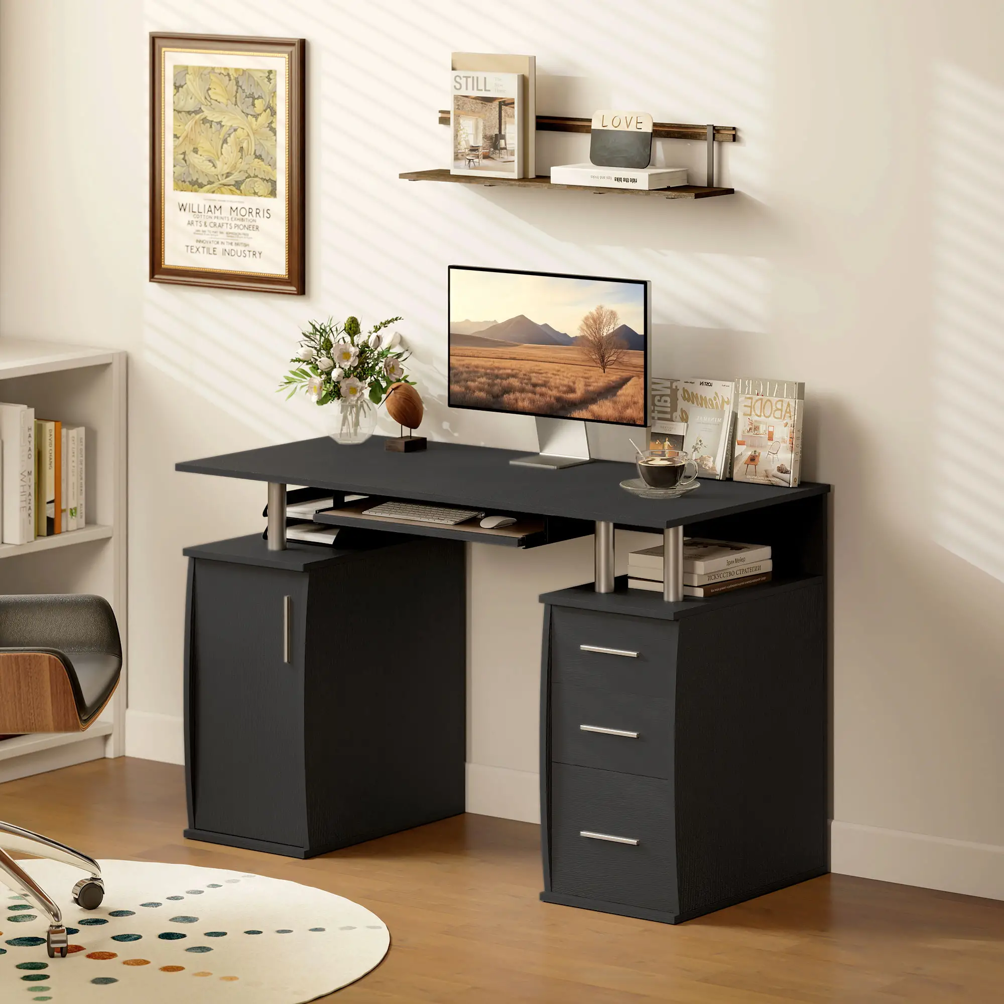47" Computer Desk with Keyboard Tray, Storage Drawers, Black - Image 8