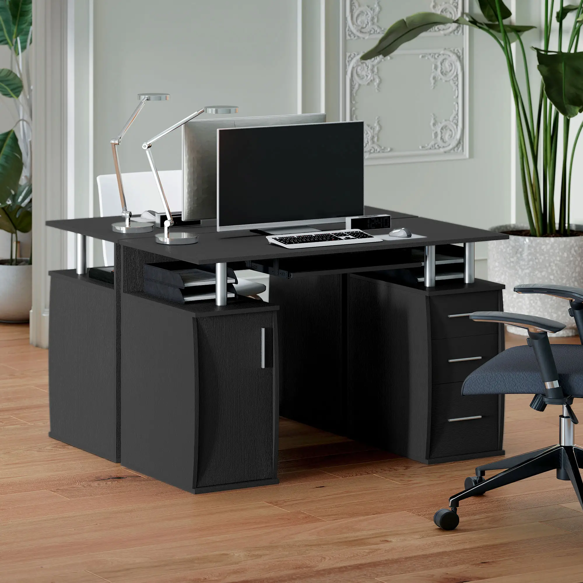 47" Computer Desk with Keyboard Tray, Storage Drawers, Black - Image 9