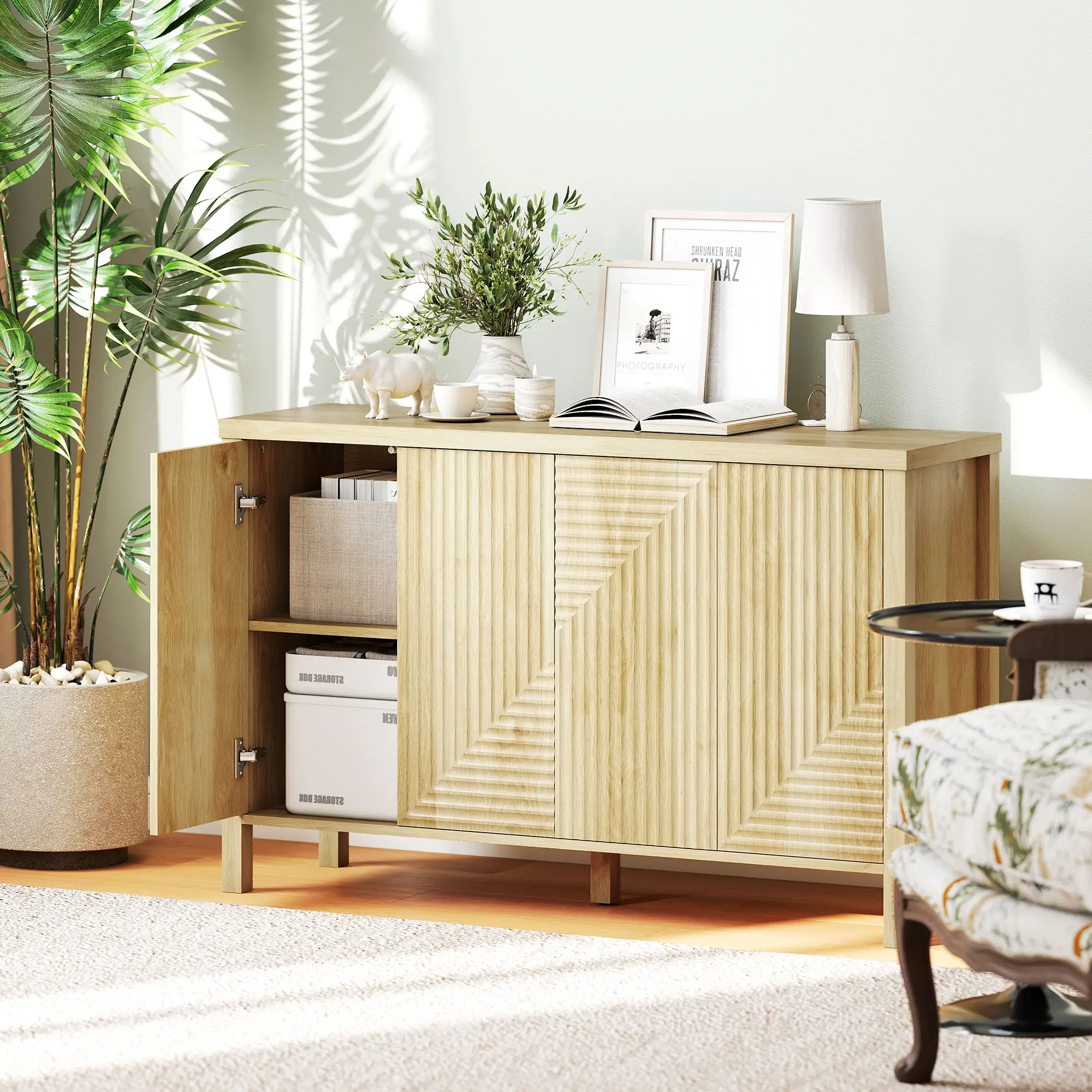 47 Inch Buffet Cabinet, Fluted Sideboard, Push Open, 2 Shelves, 4 Doors, Natural - Image 10