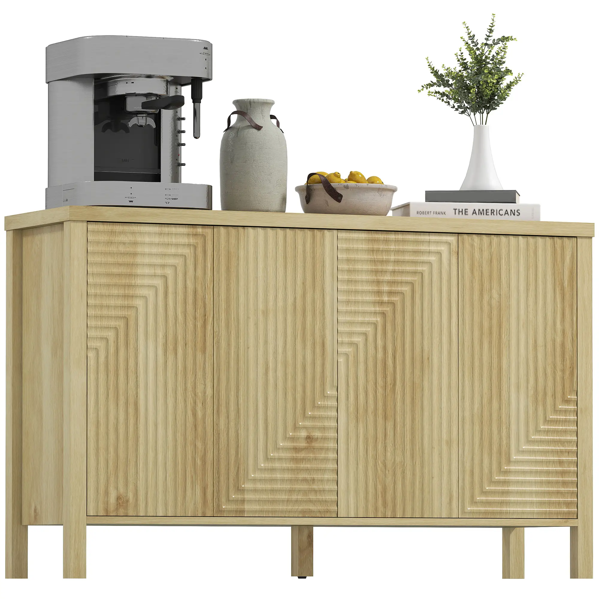 47 Inch Buffet Cabinet, Fluted Sideboard, Push Open, 2 Shelves, 4 Doors, Natural - Image 11