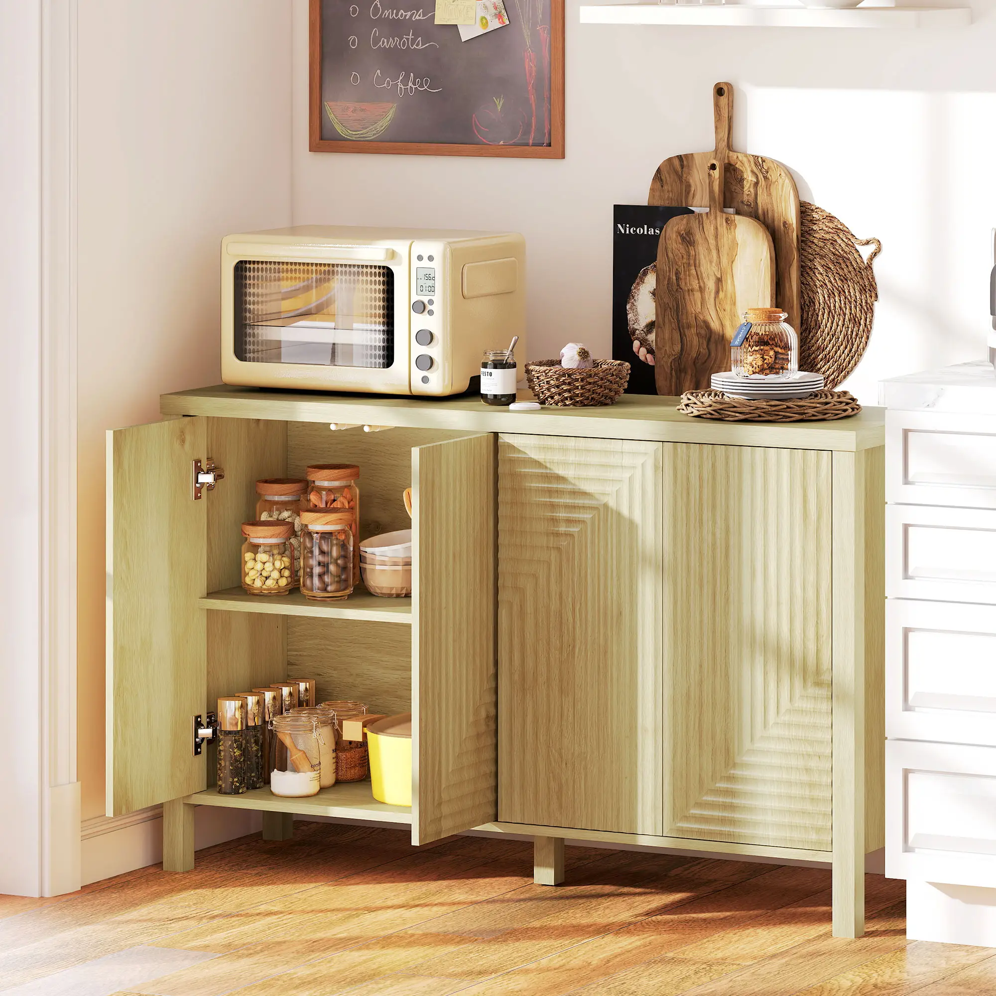 47 Inch Buffet Cabinet, Fluted Sideboard, Push Open, 2 Shelves, 4 Doors, Natural - Image 9