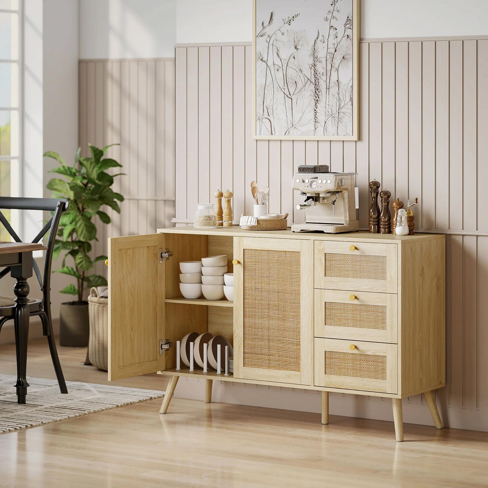 47 Inch Buffet Cabinet, Rattan Sideboard with Drawers, Natural - Image 10
