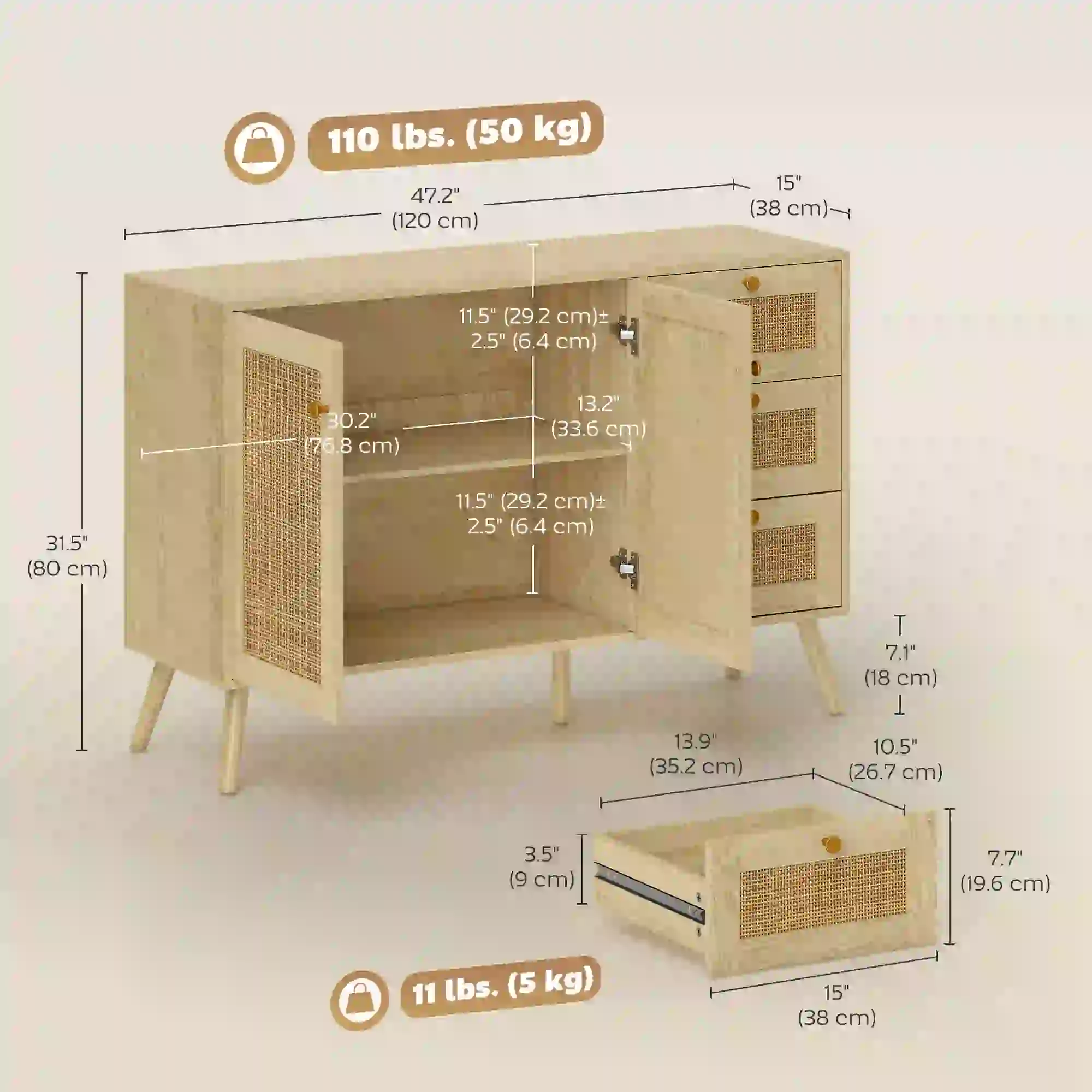 47 Inch Buffet Cabinet, Rattan Sideboard with Drawers, Natural - Image 3