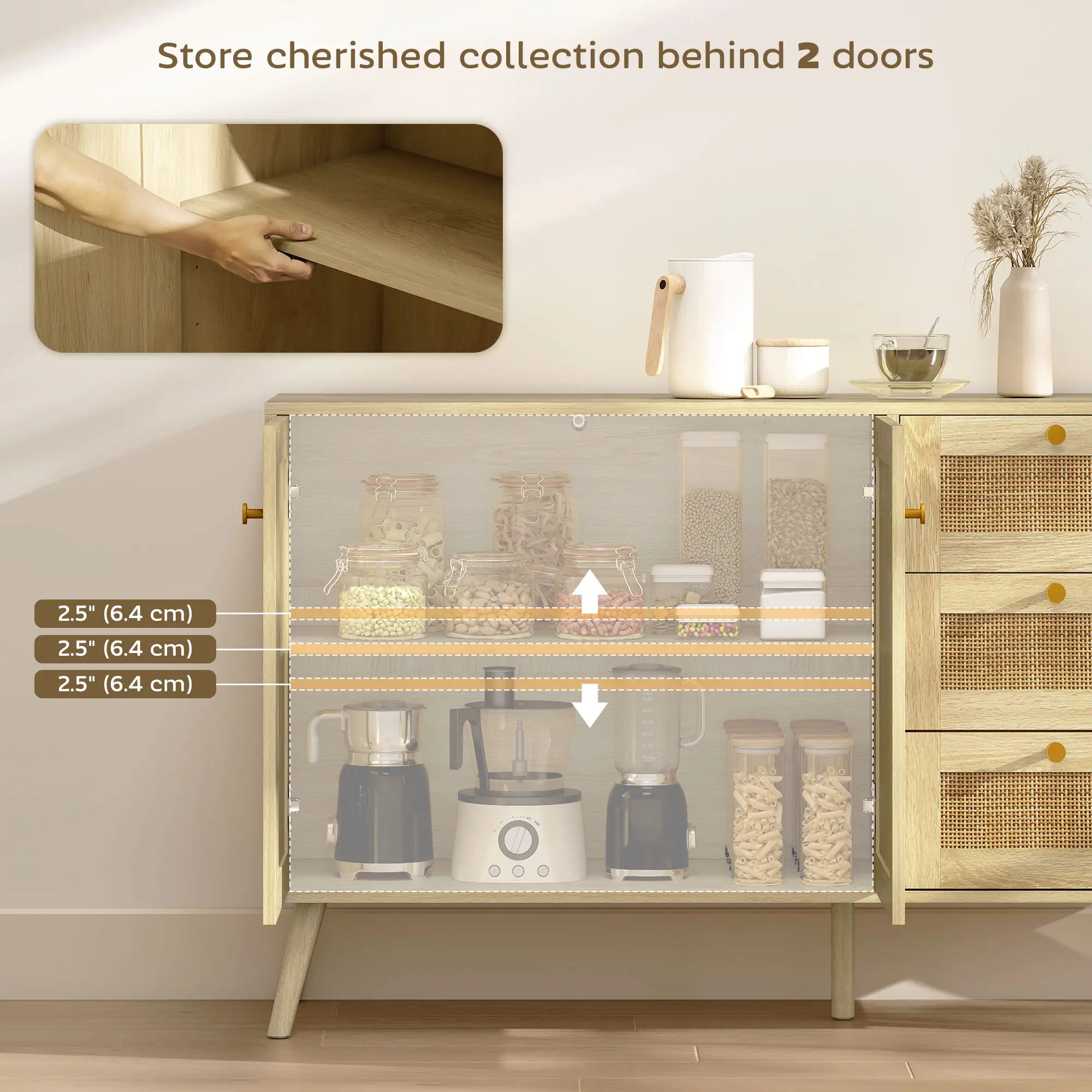 47 Inch Buffet Cabinet, Rattan Sideboard with Drawers, Natural - Image 4