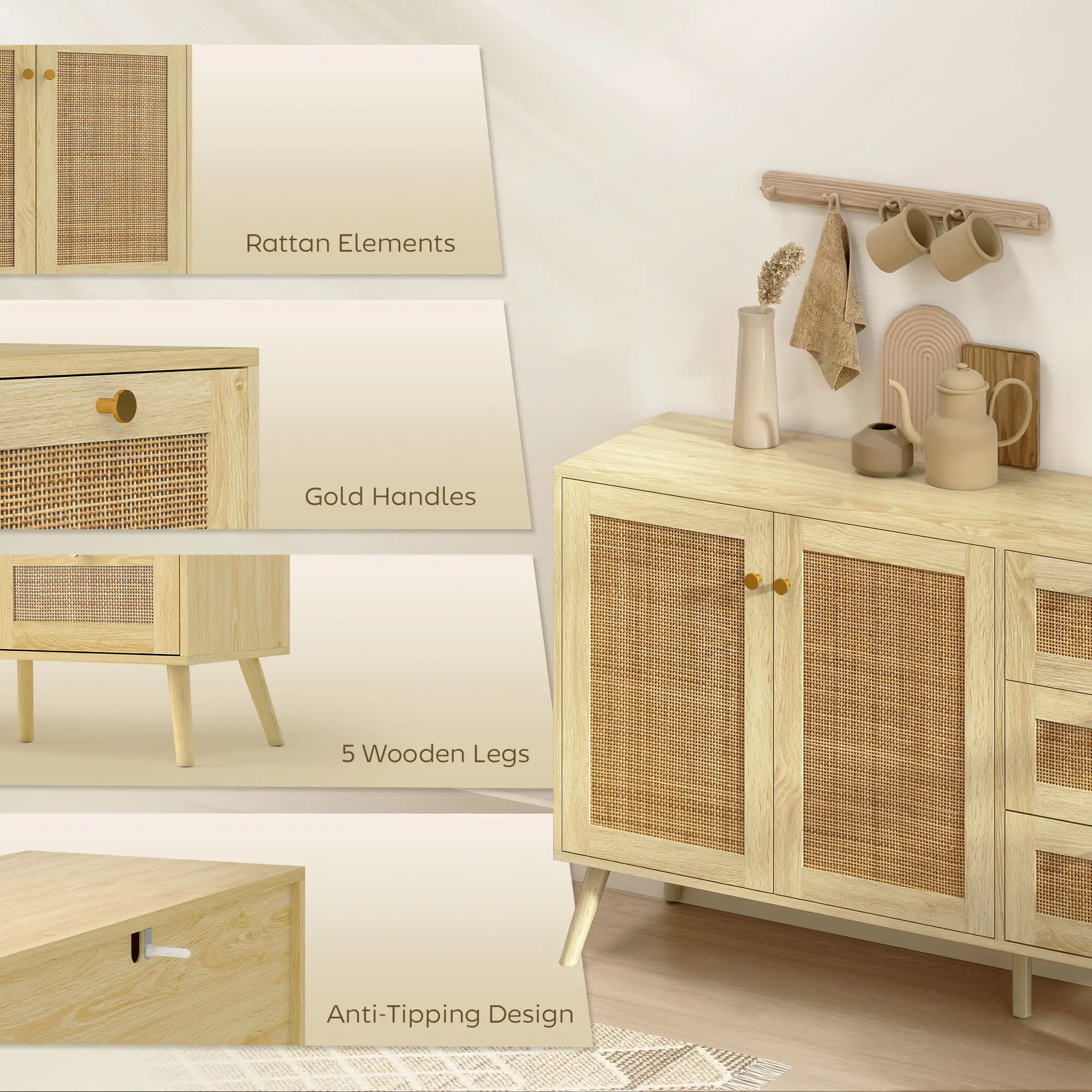 47 Inch Buffet Cabinet, Rattan Sideboard with Drawers, Natural - Image 7
