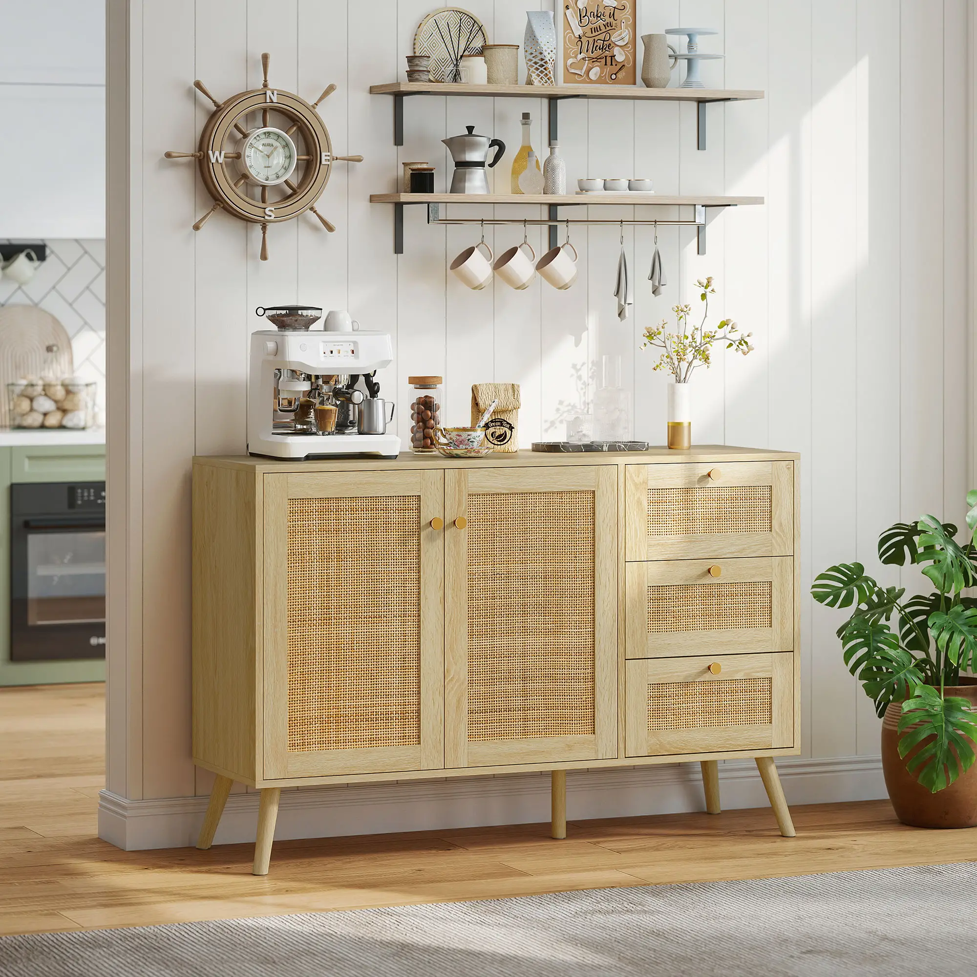 47 Inch Buffet Cabinet, Rattan Sideboard with Drawers, Natural - Image 8