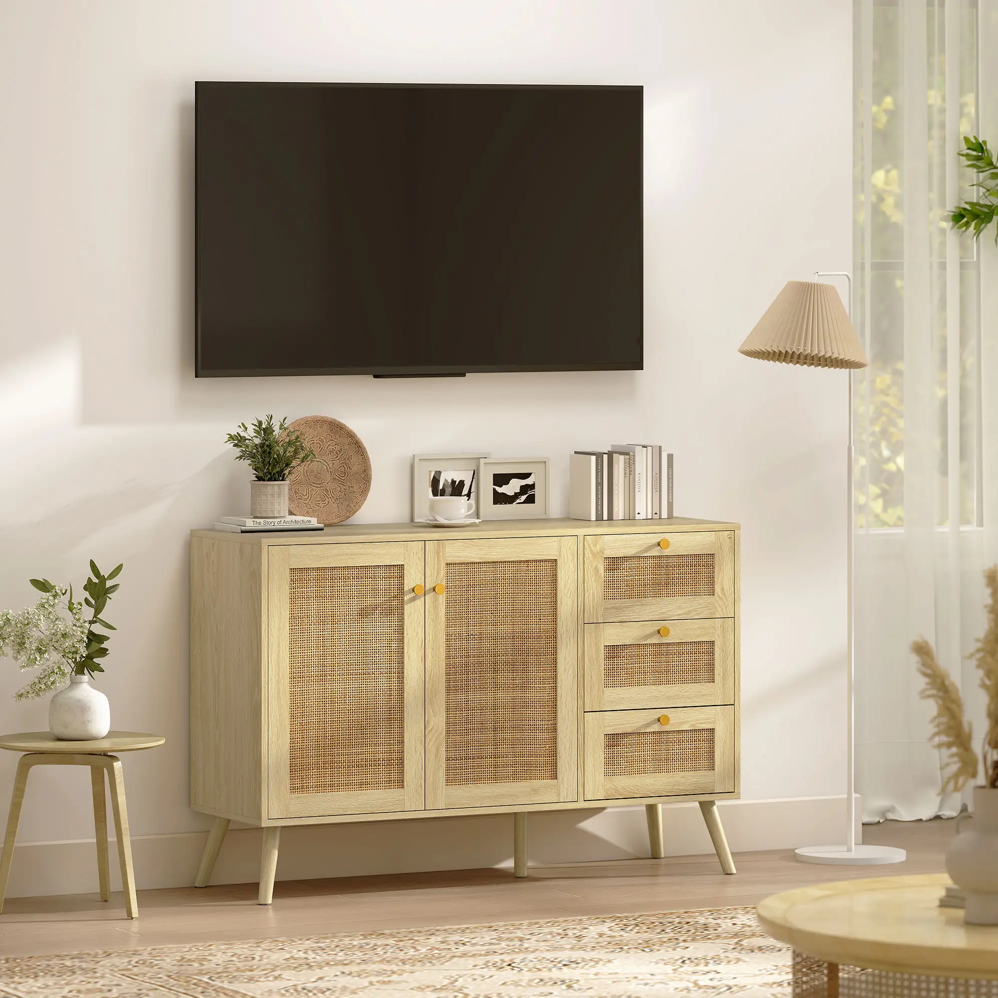 47 Inch Buffet Cabinet, Rattan Sideboard with Drawers, Natural - Image 9