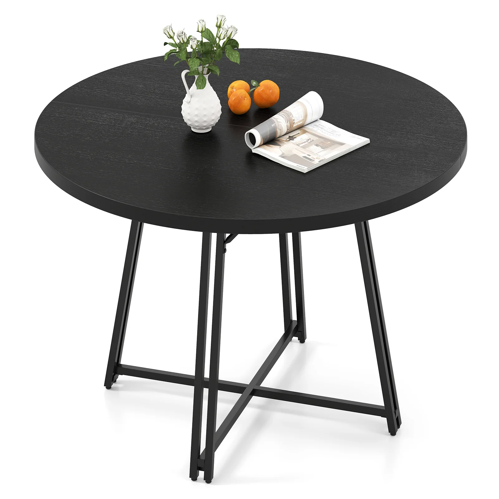 47 Inch Dining Table for 4-6 People Round Kitchen Table with Cross Base, Black