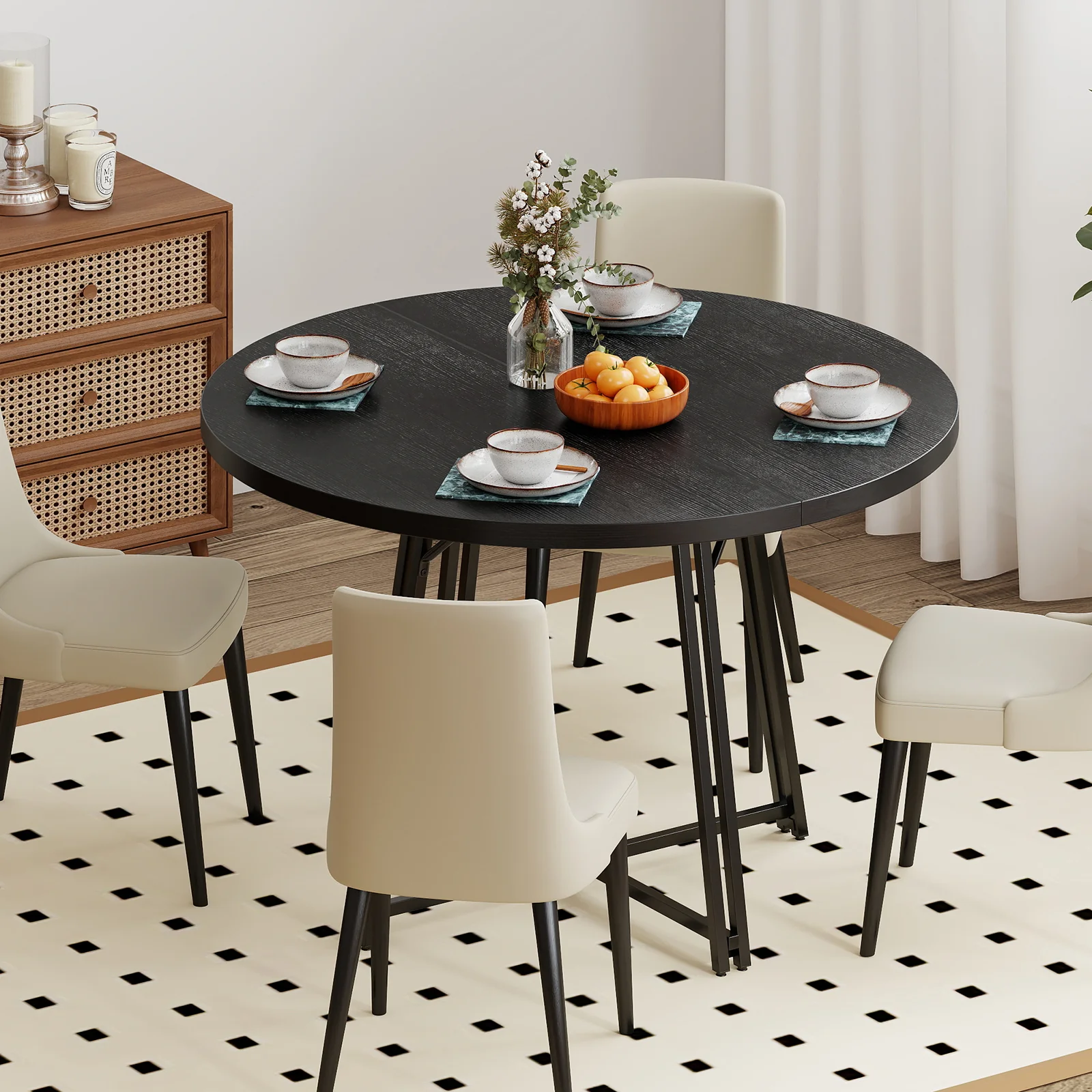 47 Inch Dining Table for 4-6 People Round Kitchen Table with Cross Base, Black - Image 2