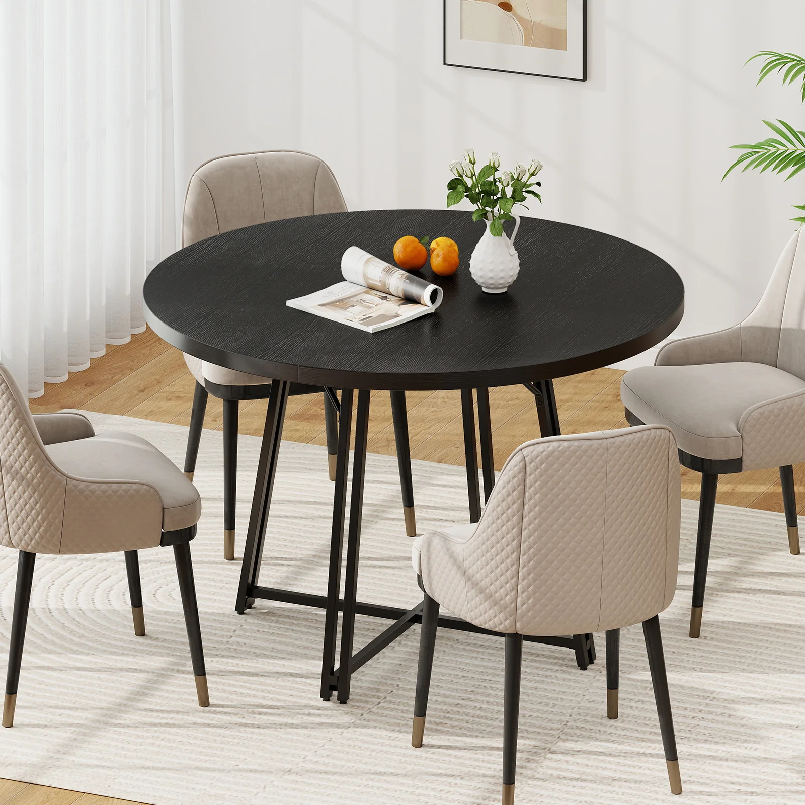47 Inch Dining Table for 4-6 People Round Kitchen Table with Cross Base, Black - Image 3