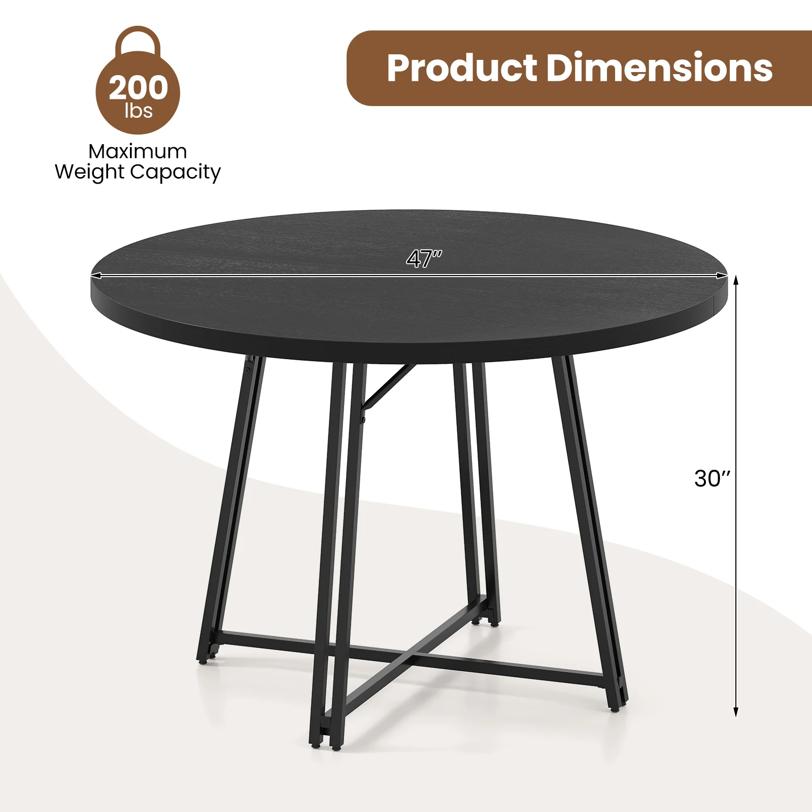 47 Inch Dining Table for 4-6 People Round Kitchen Table with Cross Base, Black - Image 6