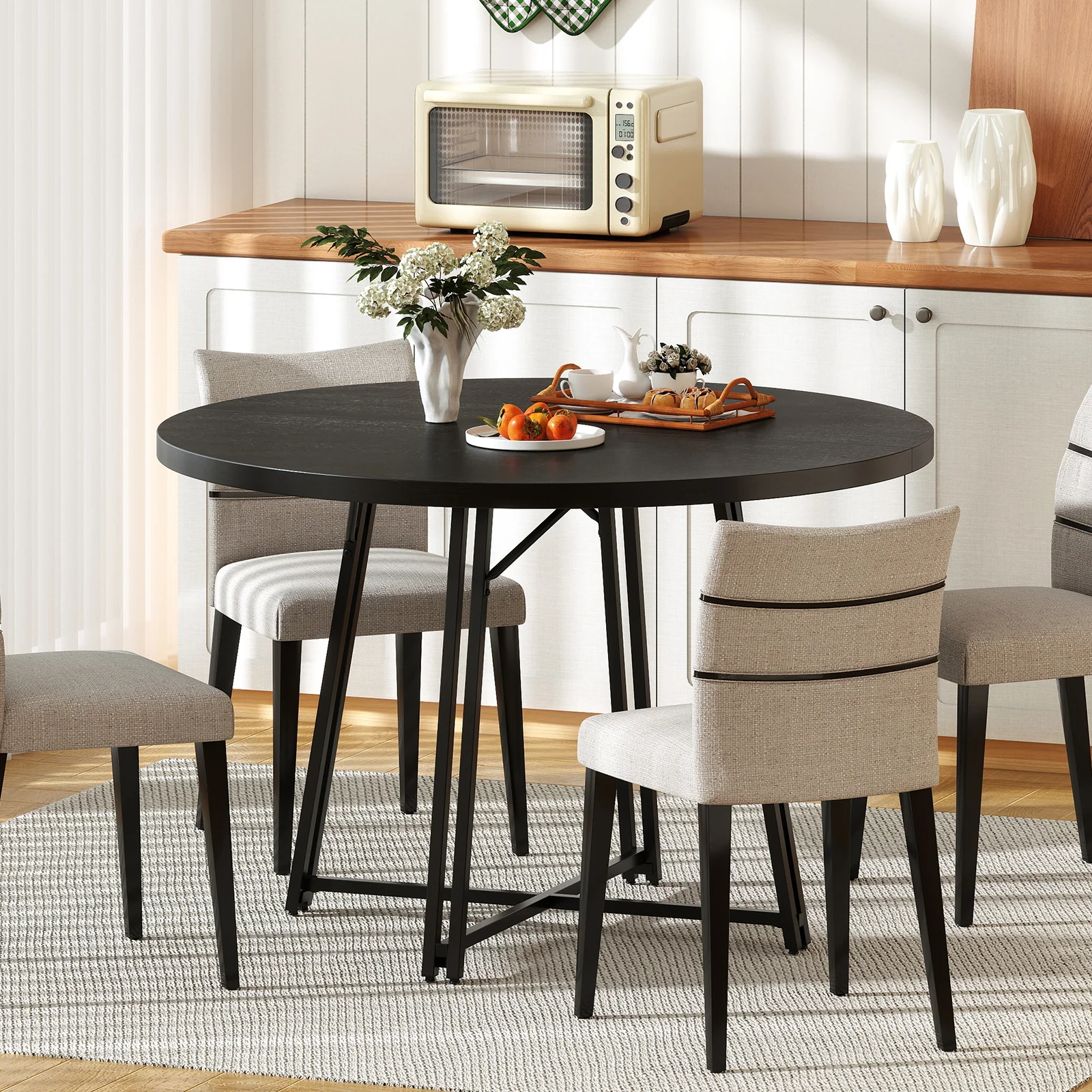 47 Inch Dining Table for 4-6 People Round Kitchen Table with Cross Base, Black - Image 7