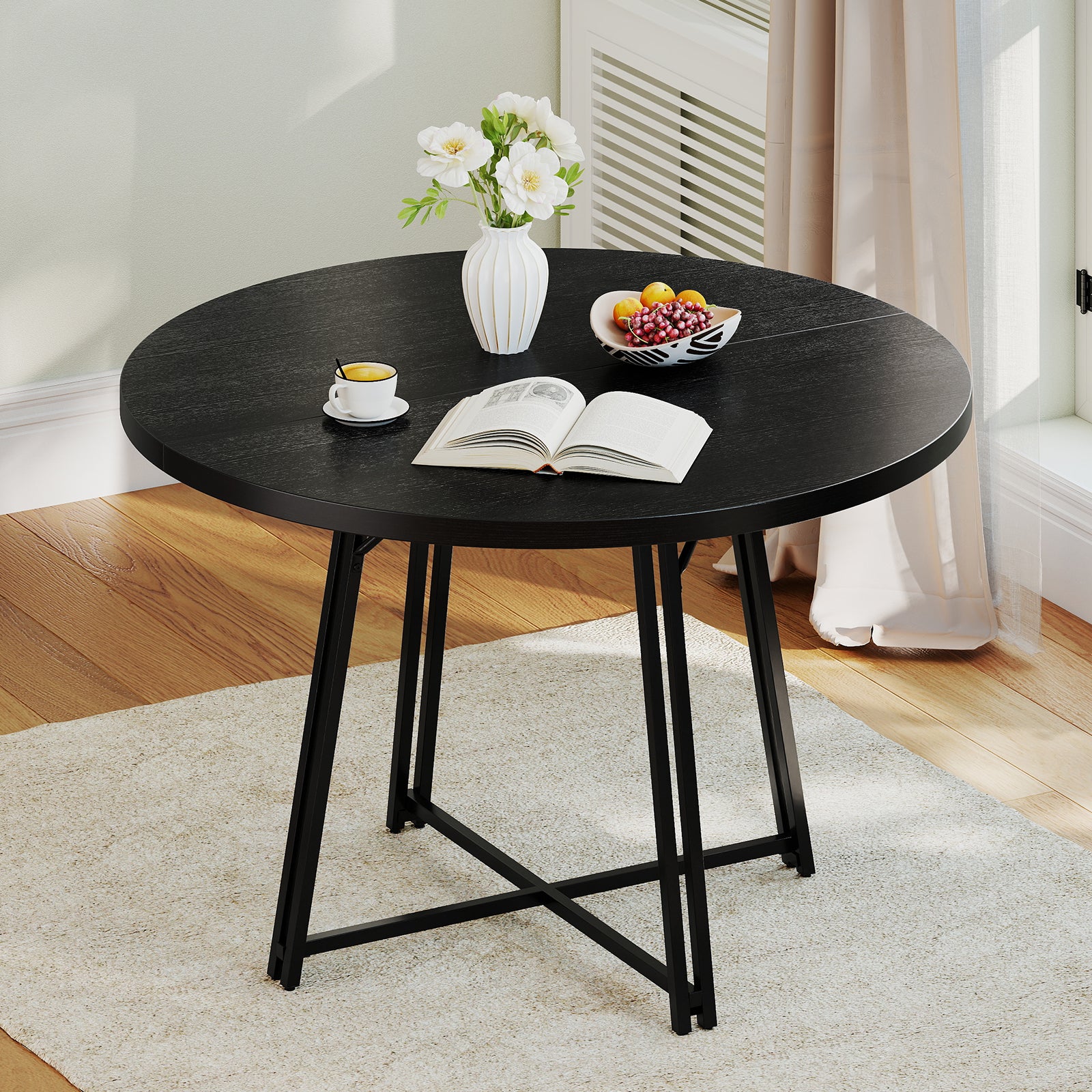 47 Inch Dining Table for 4-6 People Round Kitchen Table with Cross Base, Black - Image 8