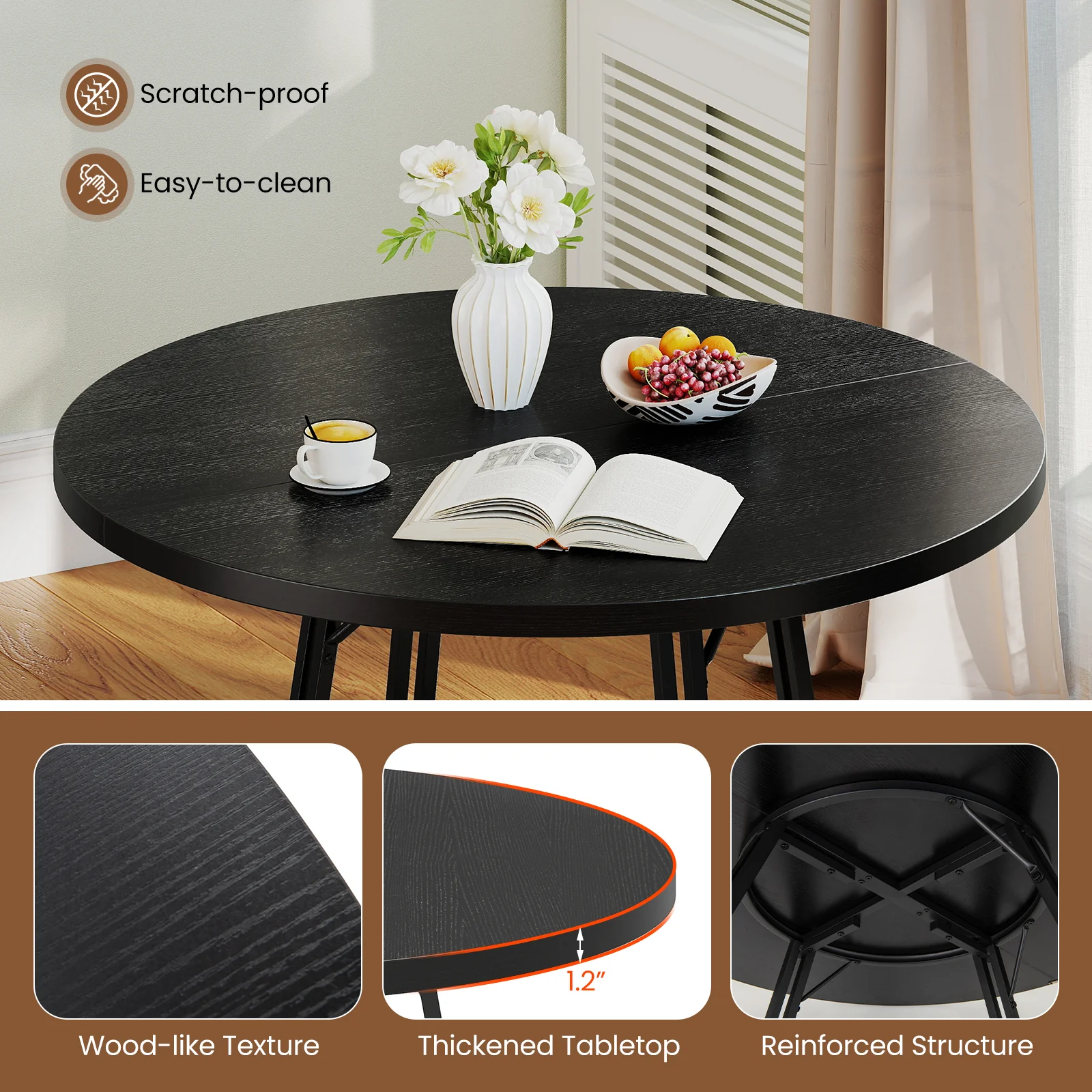 47 Inch Dining Table for 4-6 People Round Kitchen Table with Cross Base, Black - Image 9