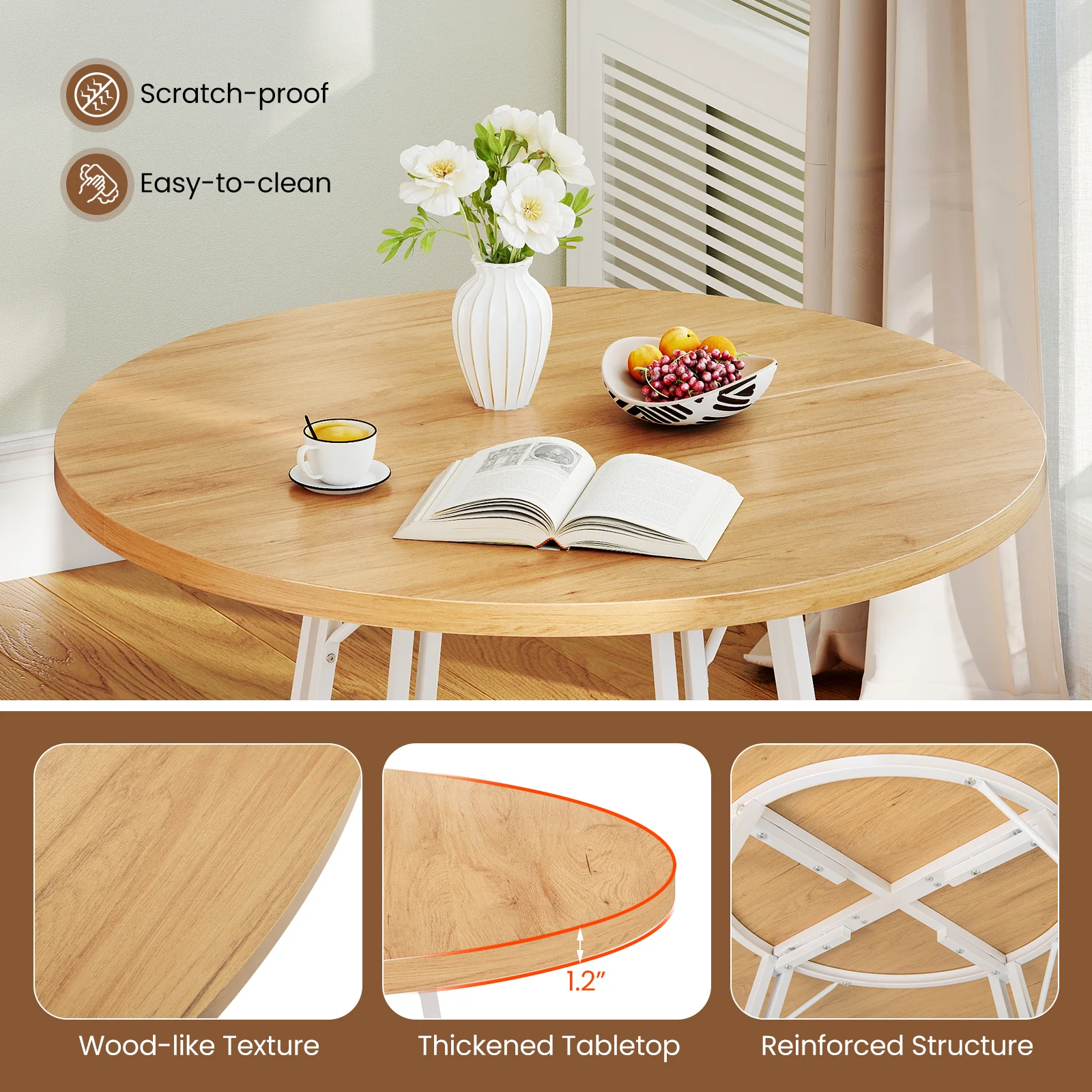 47 Inch Dining Table for 4-6 People Round Kitchen Table with Cross Base, Natural - Image 8